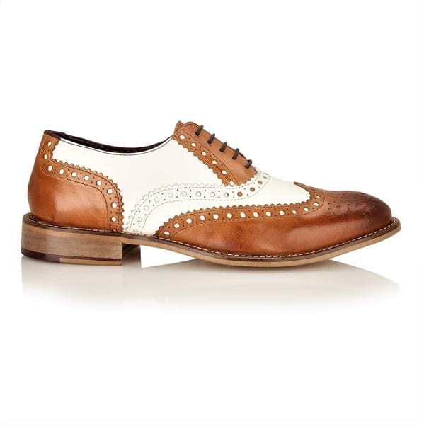 London Brogue Gatsby Men's Dress Shoes in Tan/White - Classic Wingtip Oxfords for Formal & Business Wear