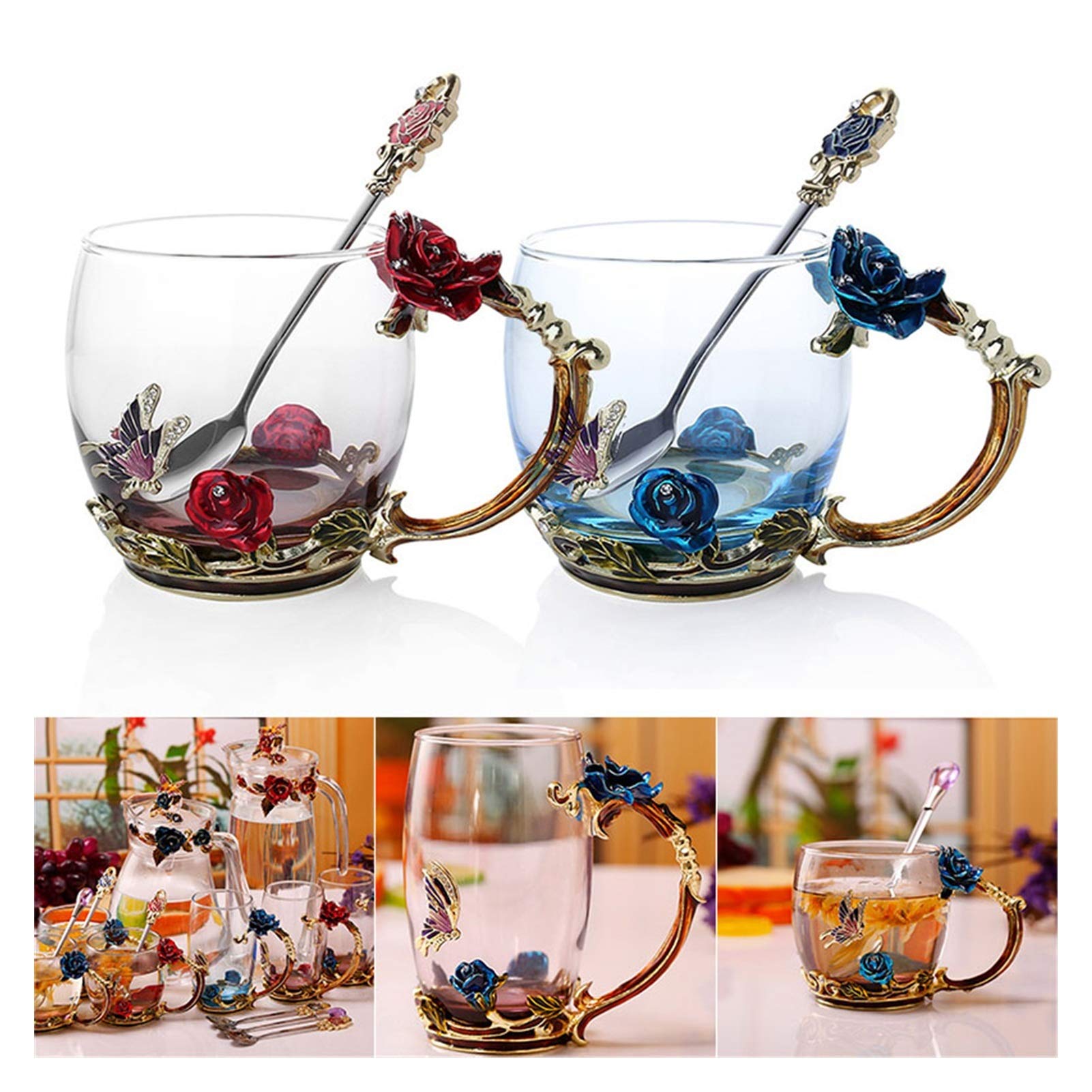 3D Rose Butterfly Enamel Coffee Mug - Elegant Glass Tea Cup for Wedding Gifts, Bridal Shower & Anniversary (Red with Spoon) - Perfect for Coffee, Tea, Hot Chocolate & Home Decor