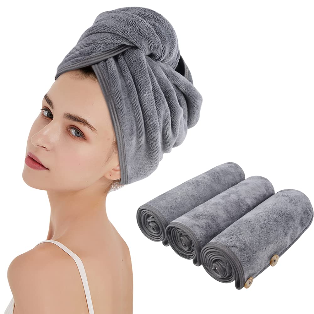KinHwa Microfiber Hair Towel Wrap - Super Absorbent & Ultra Soft Hair Turban for Women (3 Pack, Gray) - Perfect for Quick Drying Wet Hair After Shower, Swimming or Salon Styling
