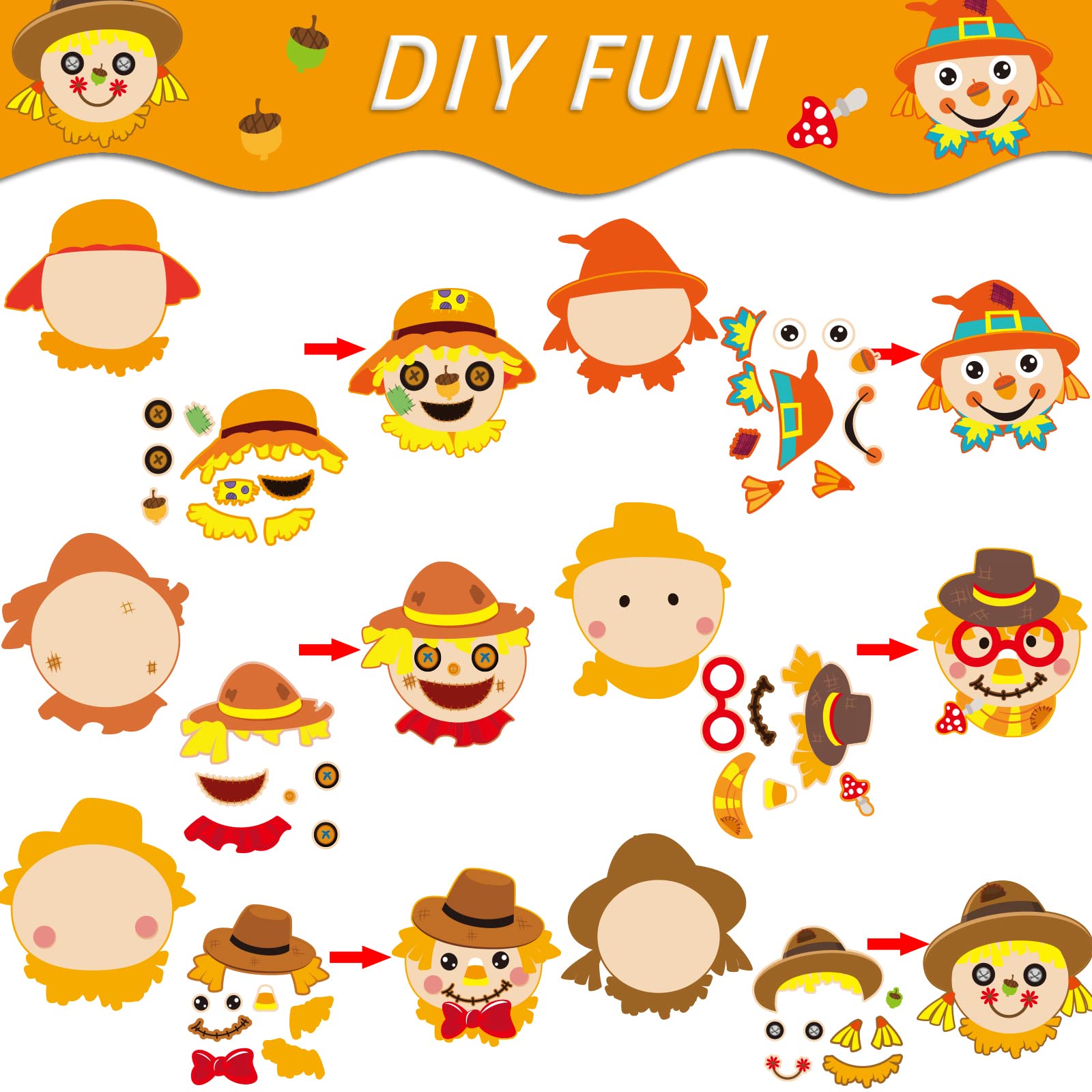 30 Pcs Thanksgiving Fall Craft Kit for Kids - DIY Scarecrow Head Making Set, Autumn Art Supplies for Kindergarten Preschool Classroom, Home School Activities, Party Favors & Holiday Decor