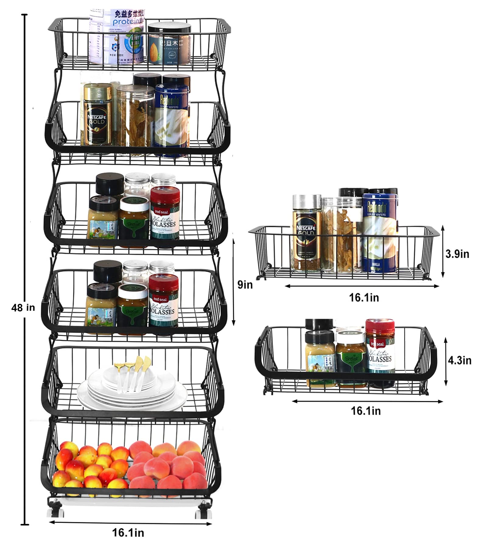 6-Tier Metal Kitchen Pantry Cart with Wheels - Stackable Storage Rack for Fruits, Vegetables & Organizing - Rolling Basket Organizer for Home, Office & Supermarket Use