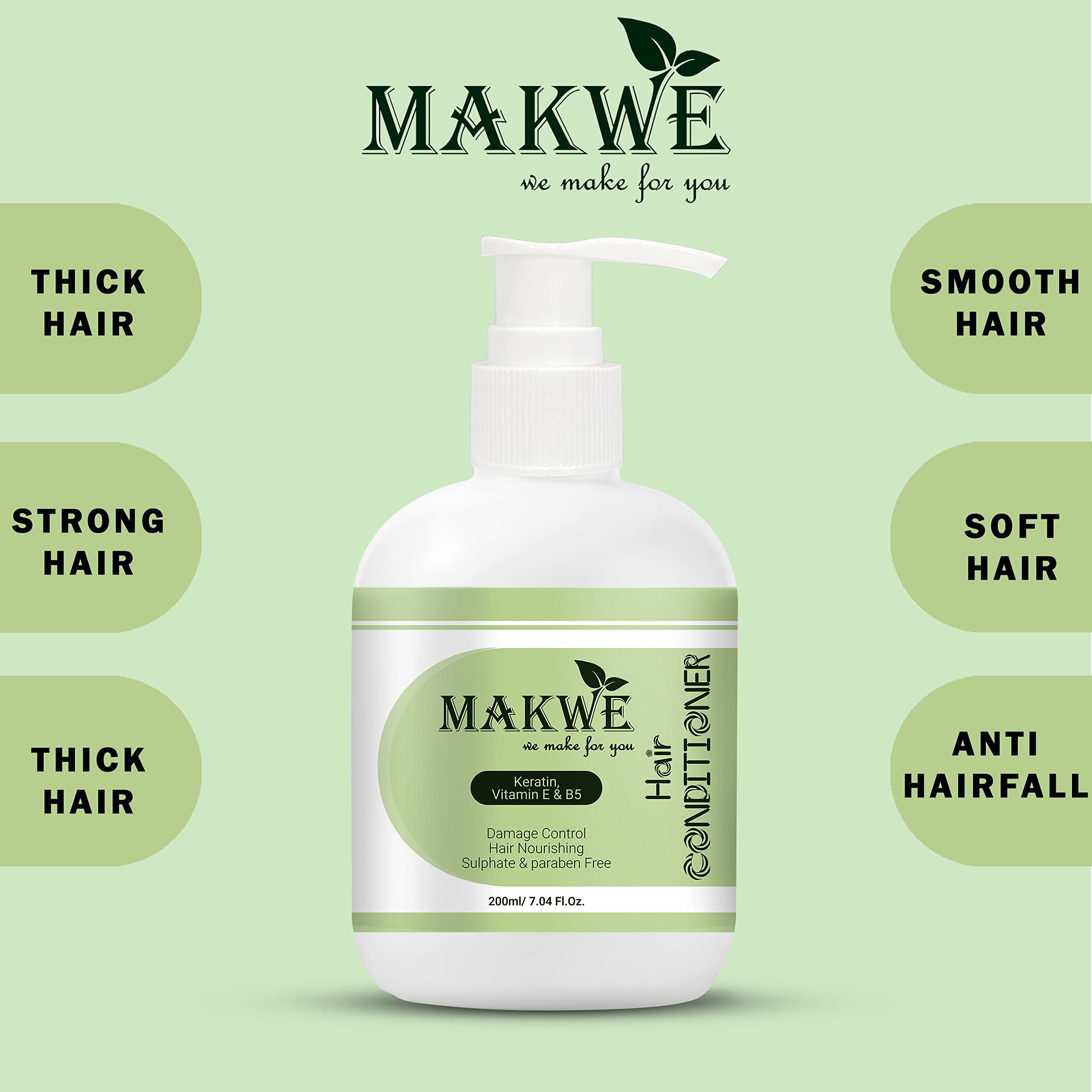 MAKWE Premium Keratin Hair Conditioner with Vitamin E & B5 - Sulfate & Paraben Free (200ml, 3-Pack) - Deep Hydration for Dry, Damaged & Frizzy Hair - Salon Quality Treatment at Home