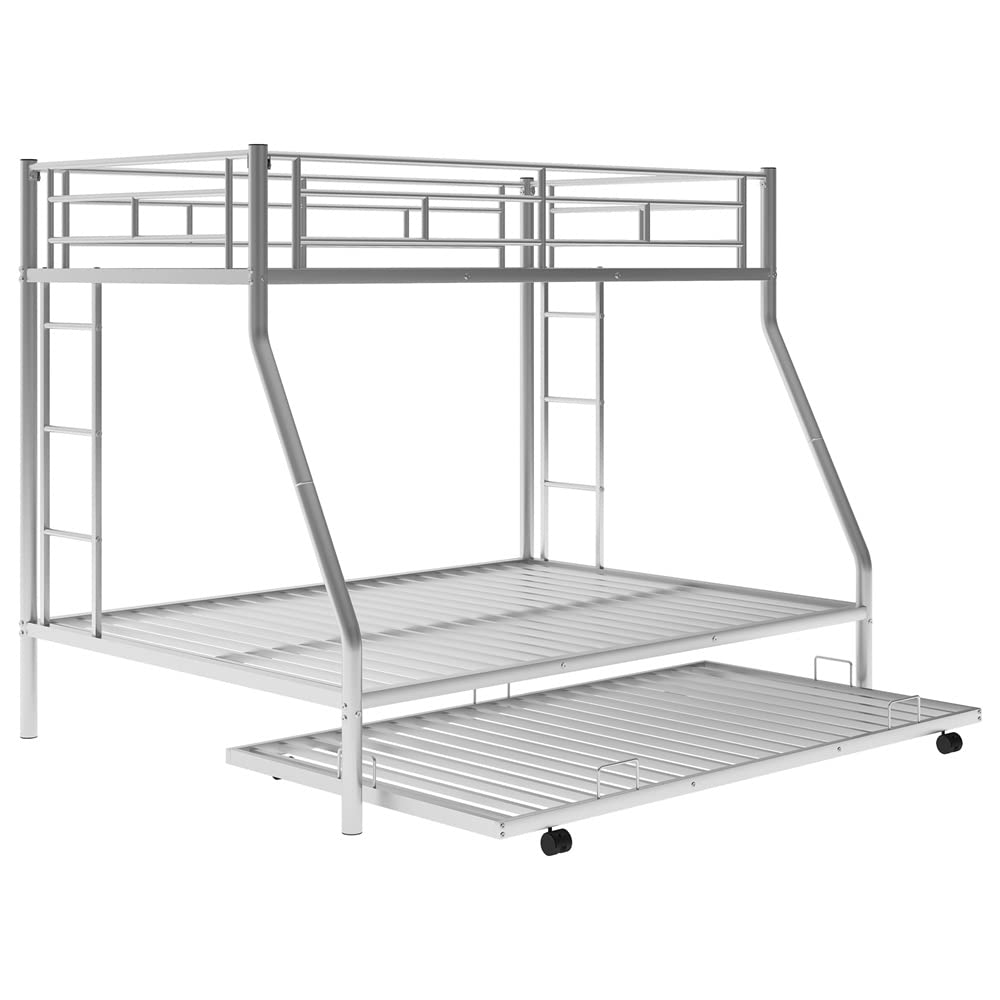 LLS Metal Bunk Bed with Trundle - Twin Over Full Bunk Bed Frame with Full-Length Guardrail & 2 Ladders | Heavy Duty Space-Saving Bunk Bed | Convertible to 2 Separate Beds | No Box Spring Needed | Silver Finish | Perfect for Kids' Rooms, Dormitories & Small Spaces