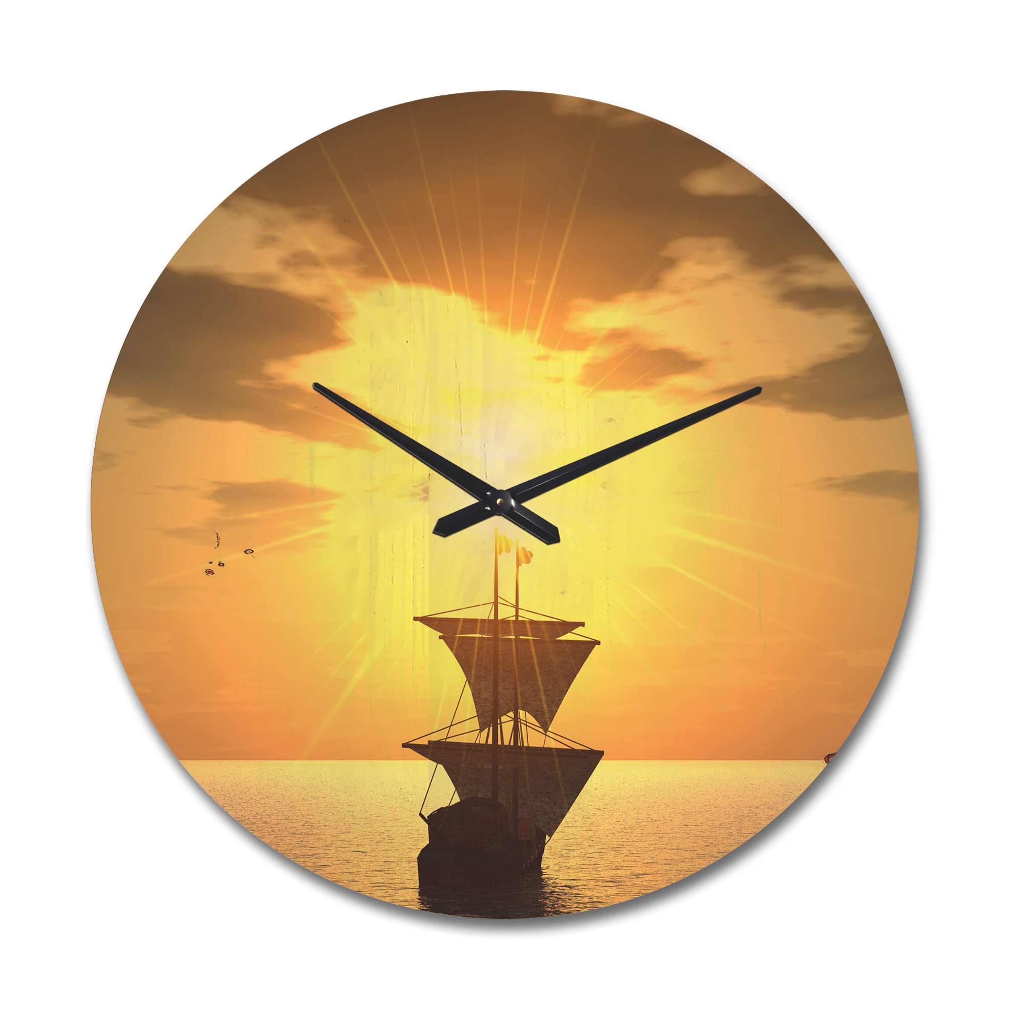 DesignQ 'Sunset and Ship' Large Modern Wood Wall Clock - Oversized Rustic Decorative Clock for Living Room, Bedroom & Office Décor | Perfect for Farmhouse, Cottage & Country Style Homes