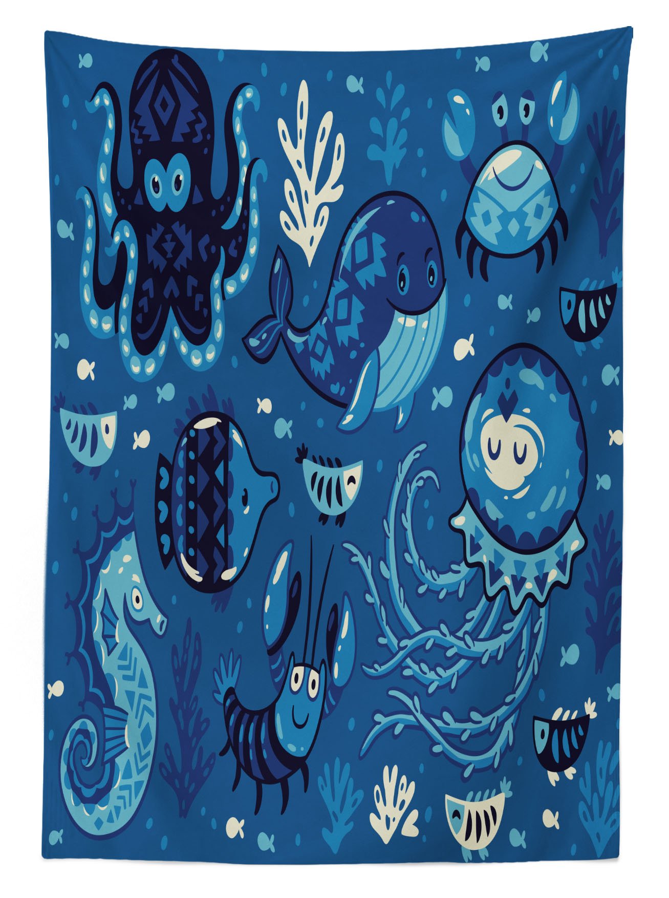 Lunarable Ocean Themed Outdoor Tablecloth – Cartoon Whale, Fish & Octopus Design, Waterproof Washable Picnic Table Cover 58x84 Inches, Blue | Perfect for Beach Parties, Backyard BBQs & Outdoor Dining