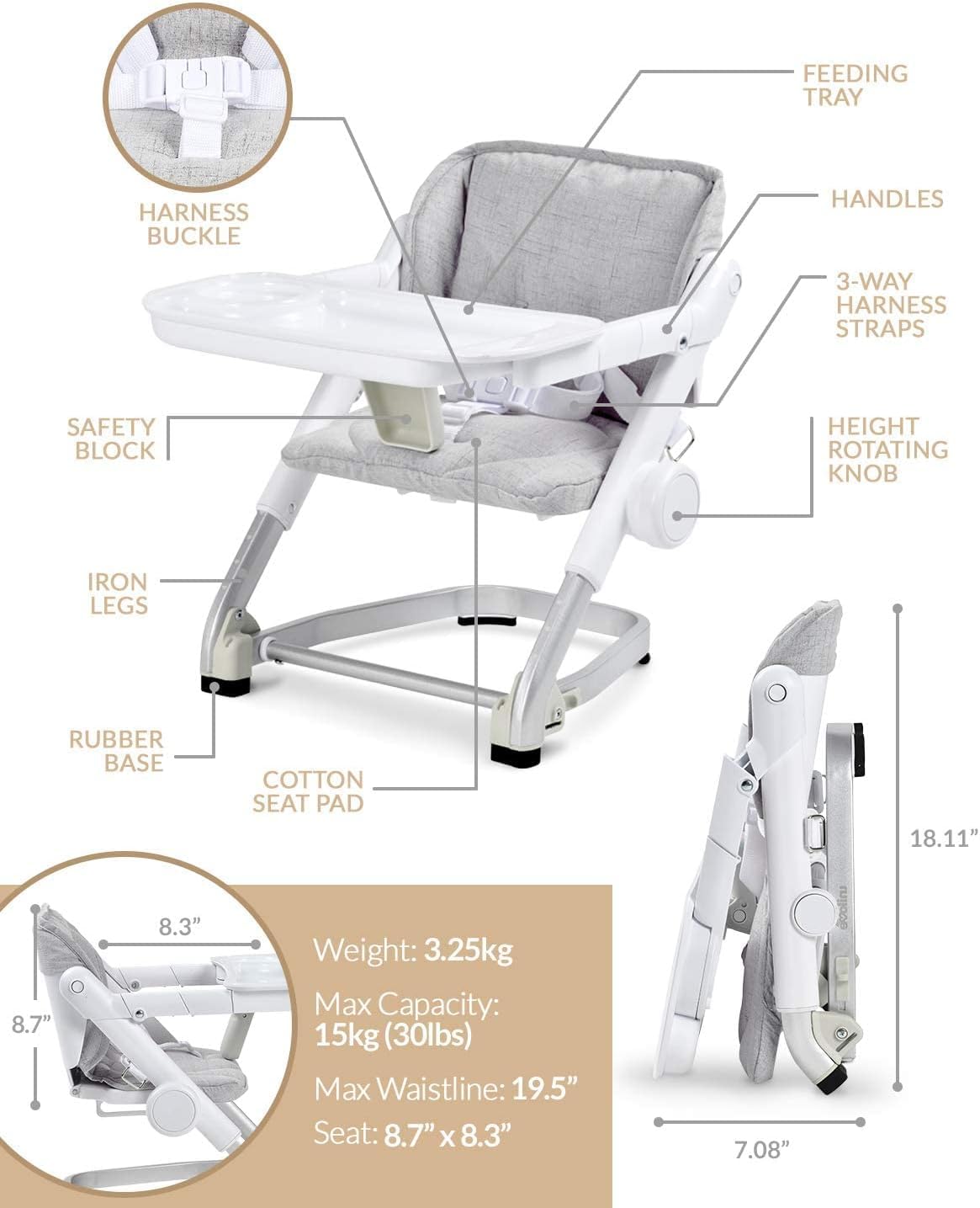 Voltz Toys 3-in-1 Travel Booster Seat for Kids - Adjustable, Foldable & Portable High Chair with Safety Harness - Perfect for Babies, Toddlers & Travel - Ideal for Restaurants, Airplanes & Road Trips (Grey)
