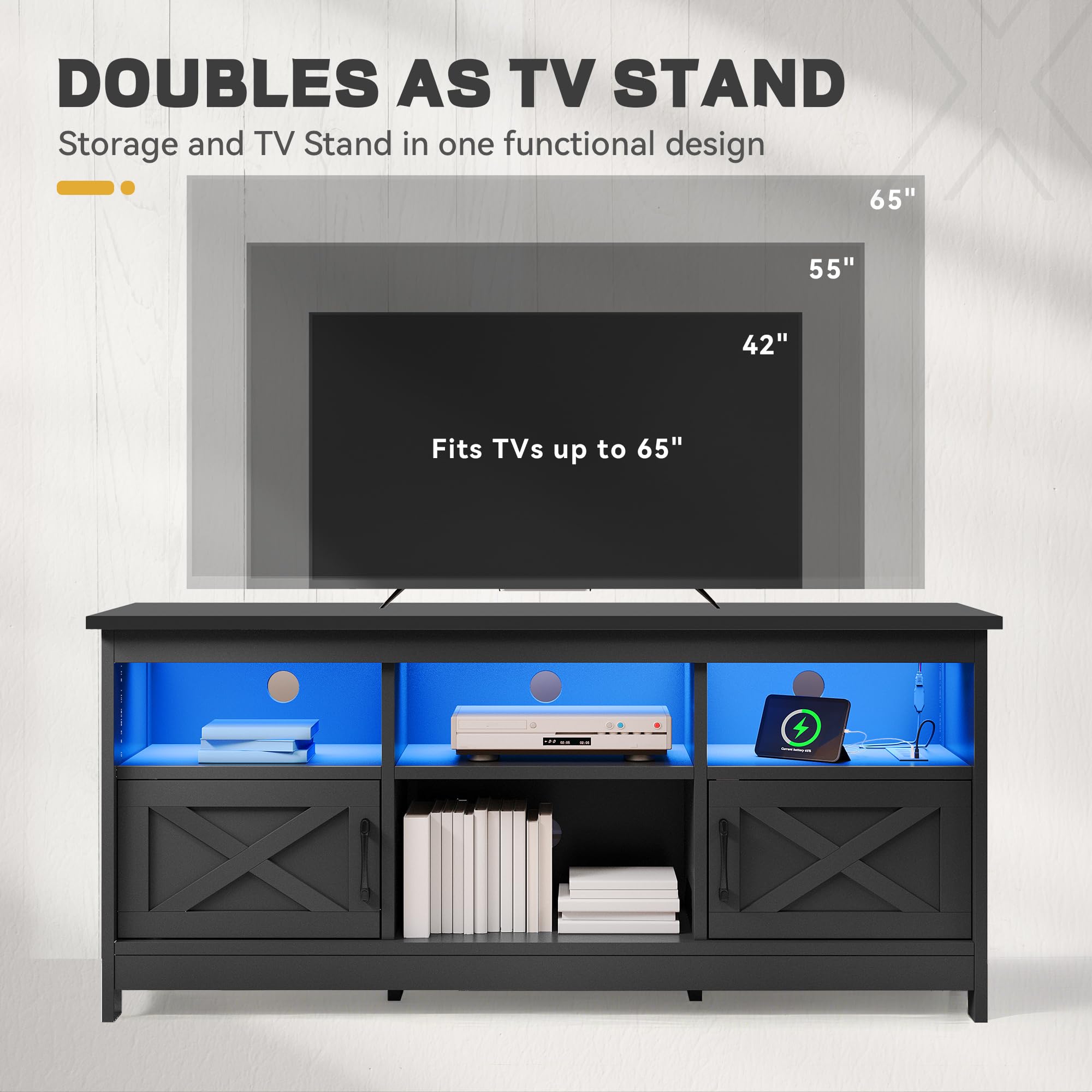 YITAHOME 65 Inch TV Stand with Storage Cabinets, Power Outlet & LED Lights - Modern Entertainment Center Media Console for Living Room, Bedroom or Home Theater - Black