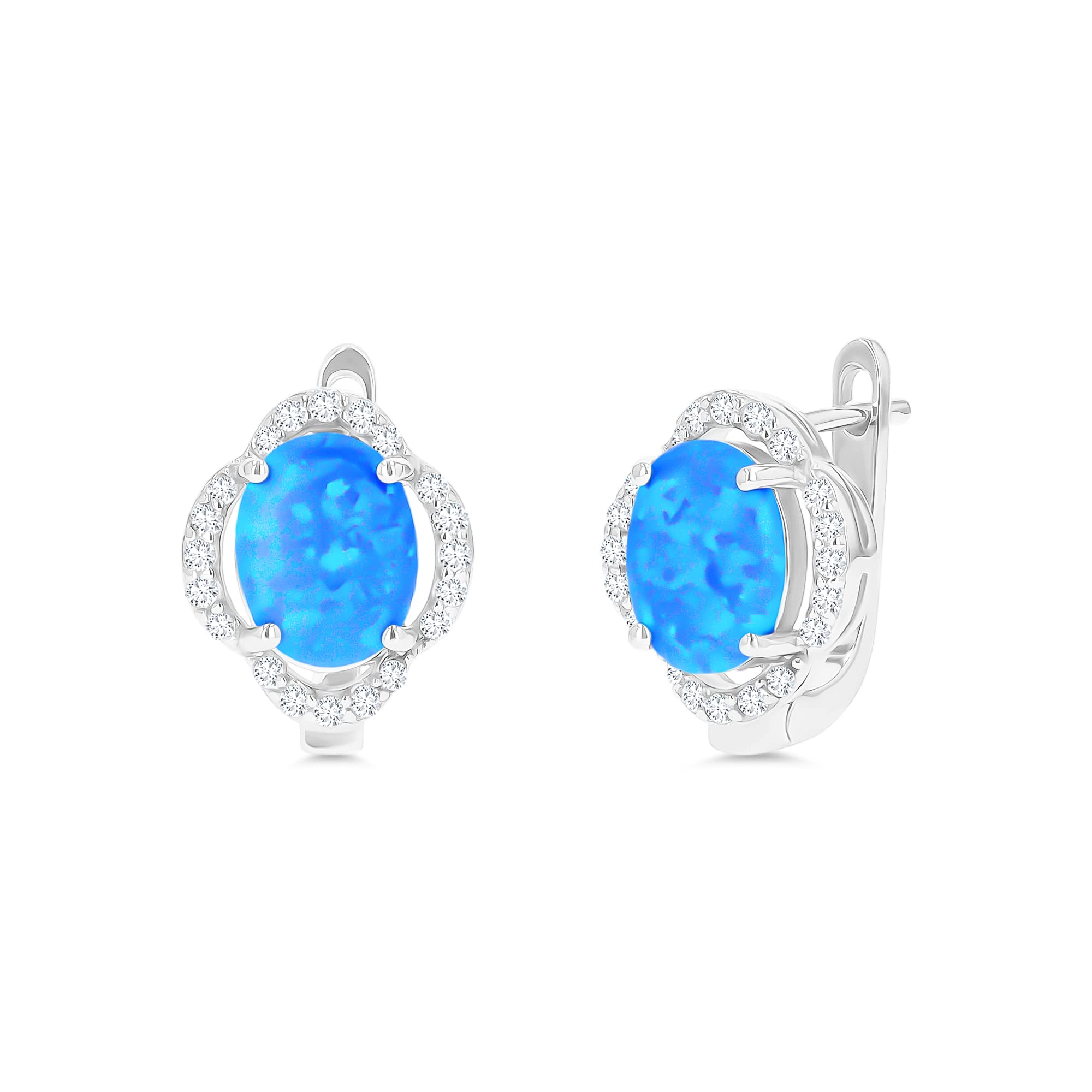 Sterling Silver Rhodium Plated 9x7mm Oval Blue Opal & Cubic Zirconia Clover Latchback Huggie Earrings for Women - Perfect for Everyday Wear, Gift Giving & Special Occasions