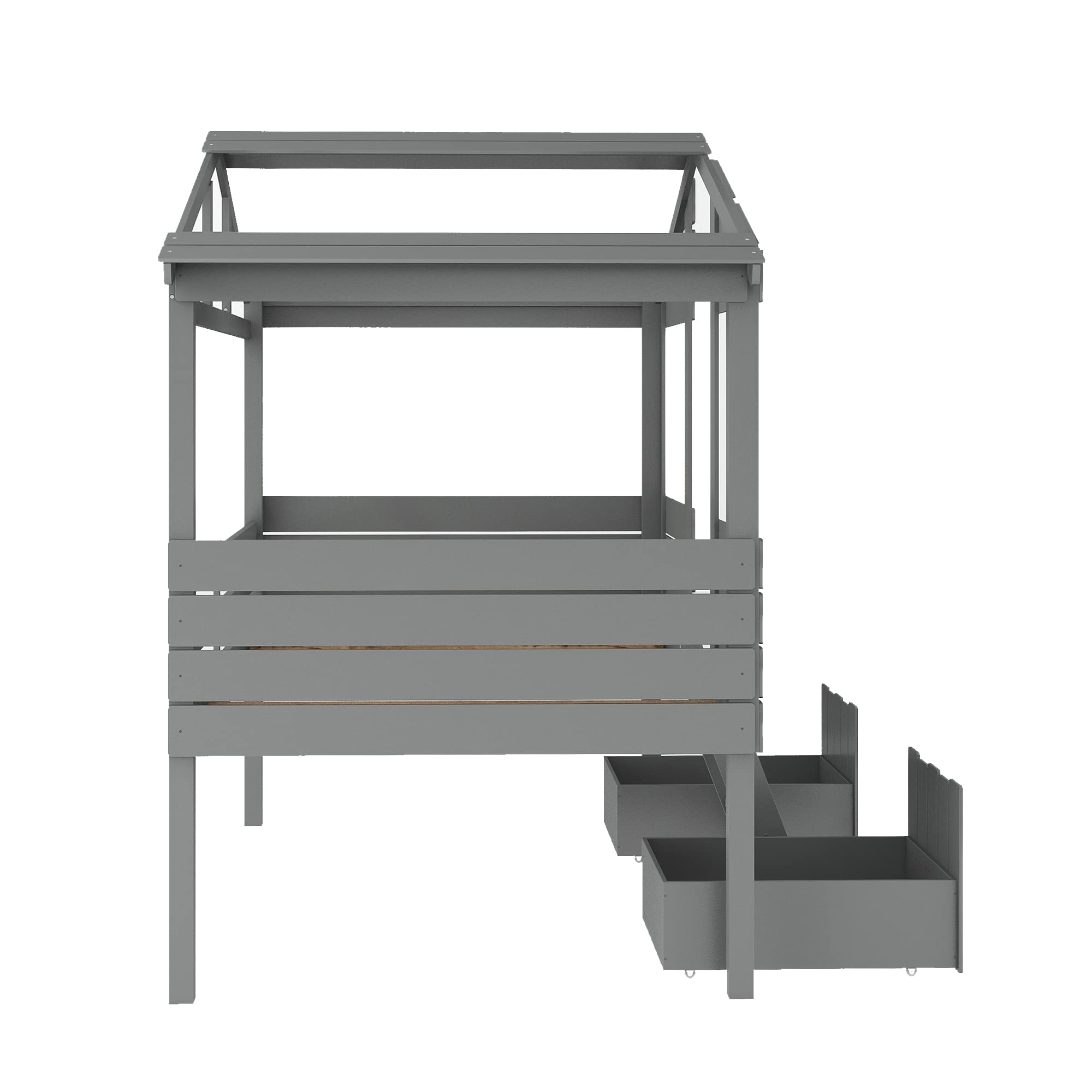 Twin Low Loft Bed with 2 Drawers - House Shaped Wooden Bed Frame with Roof, Window & Short Ladder - No Box Spring Needed - Perfect Kids Bed for Boys & Girls (Gray) - Ideal for Small Bedrooms, Playrooms & Space-Saving Kids' Rooms
