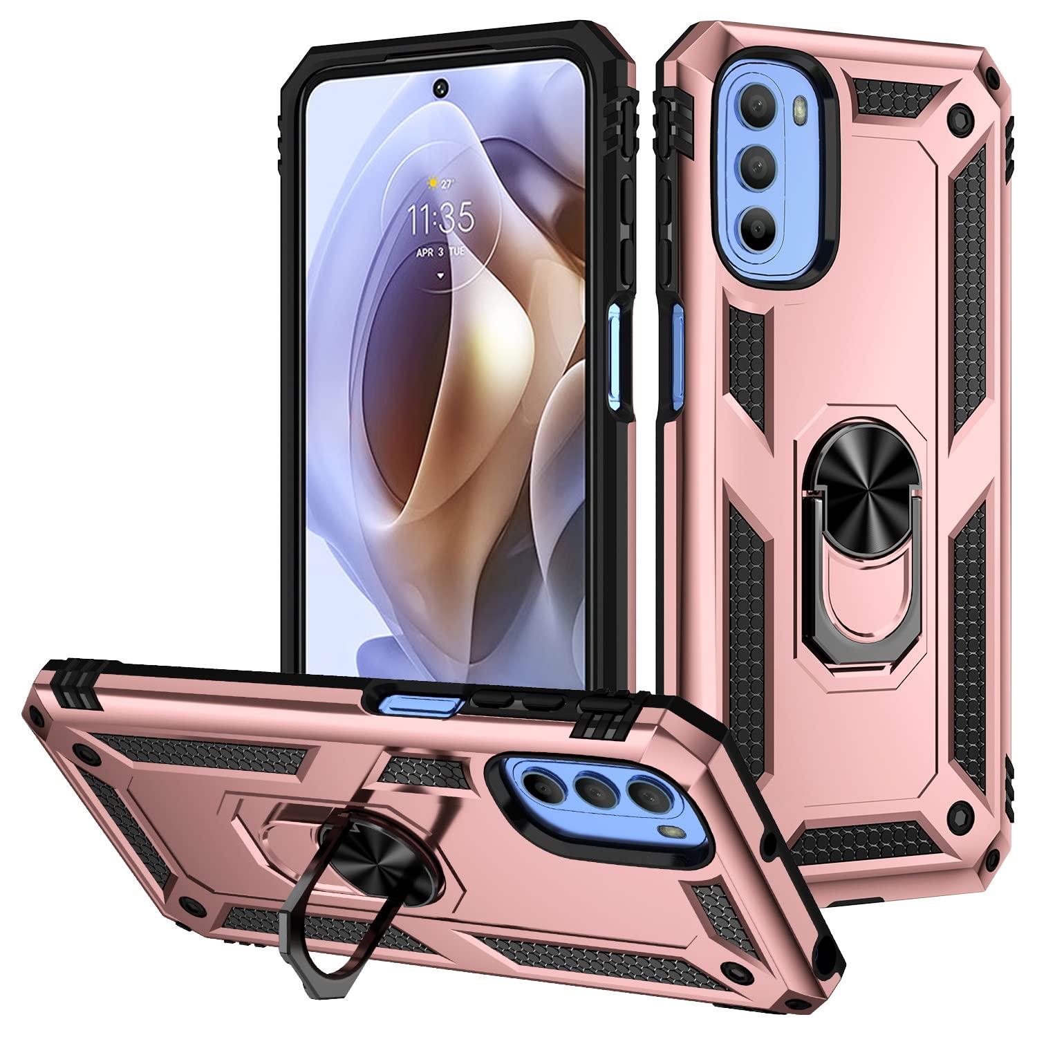 Shockproof Magnetic Phone Case for Motorola Moto G31/G41 - Heavy Duty Protection with Ring Holder (Rose Gold) | Perfect for Outdoor Activities, Work & Travel