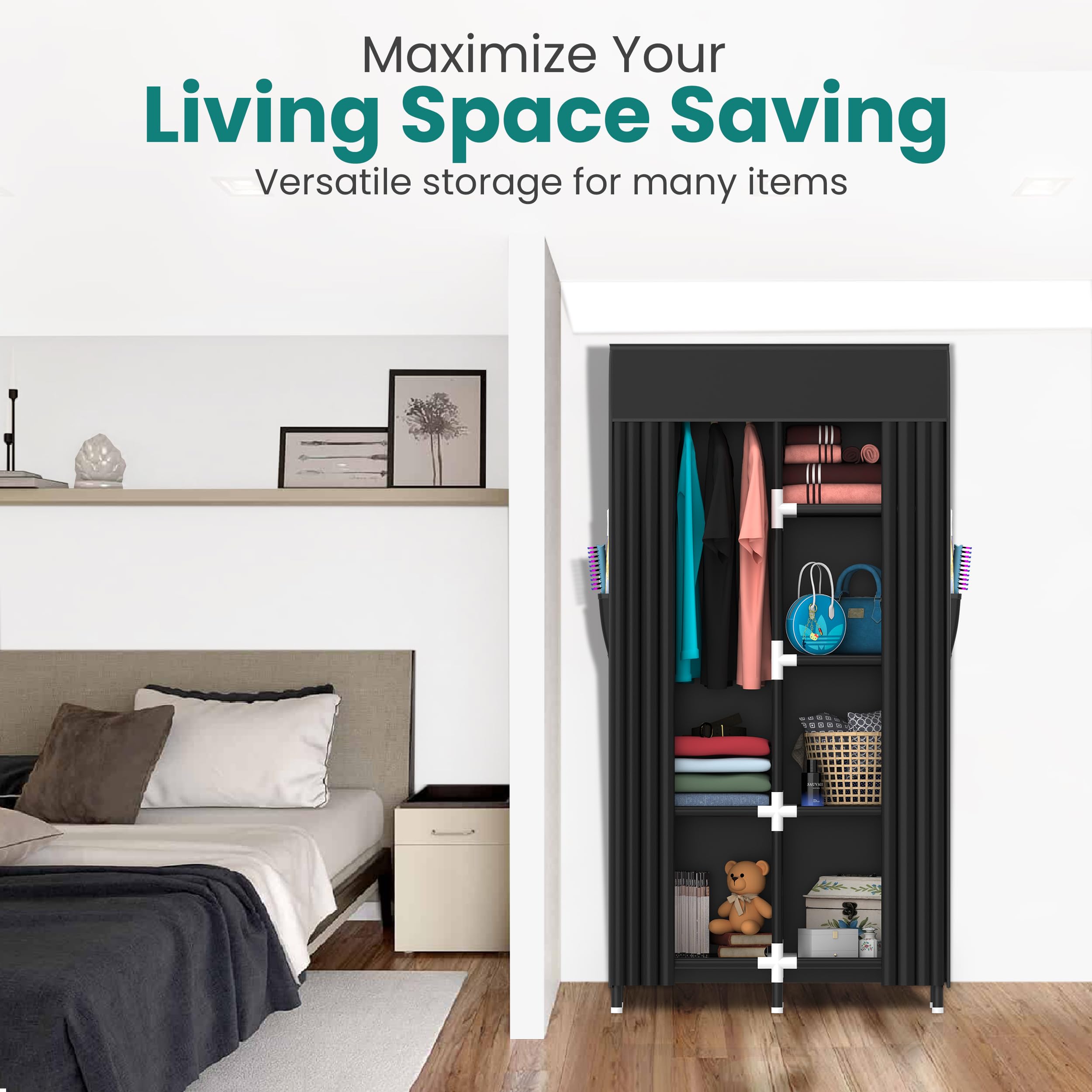 Portable Closet Organizer with 6 Shelves & Hanging Rack - Space-Saving Wardrobe Storage for Clothes | Ideal for Small Spaces, Dorms, Apartments & Travel | Perfect for Home, Office & Camping Use (Black)