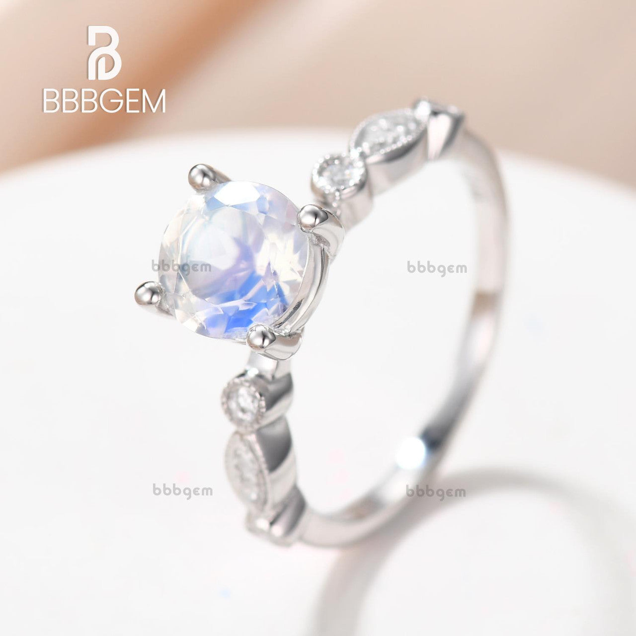 Antique Moonstone Engagement Ring 14k White Gold Marquise Milgrain Band - Vintage Style Wedding Ring for Women, Perfect for Proposals, Anniversaries & Special Occasions