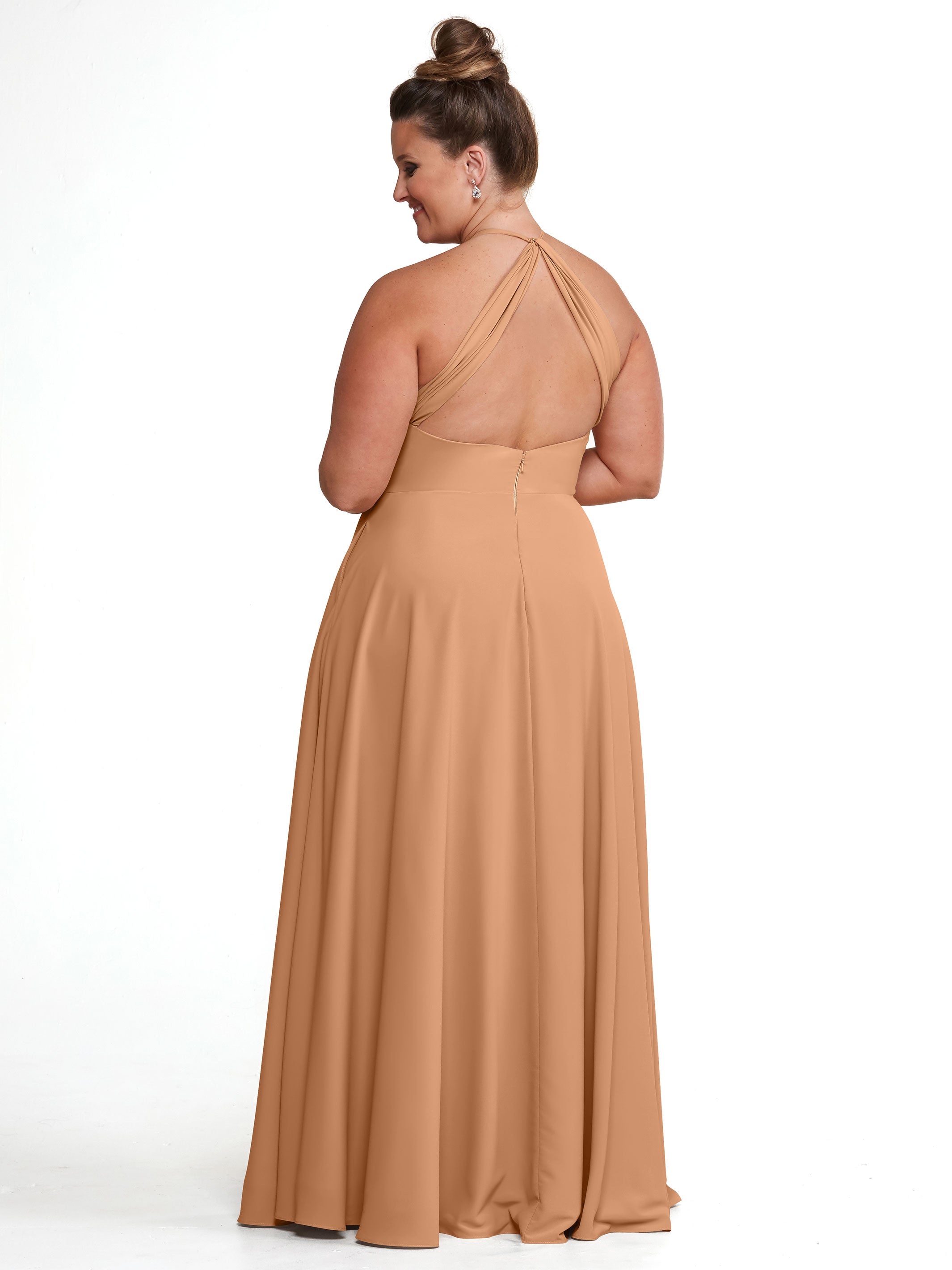 Elegant 83022 Stretch Chiffon Halter A-Line Bridesmaid Dress with Pockets - Perfect for Weddings, Parties & Formal Events
