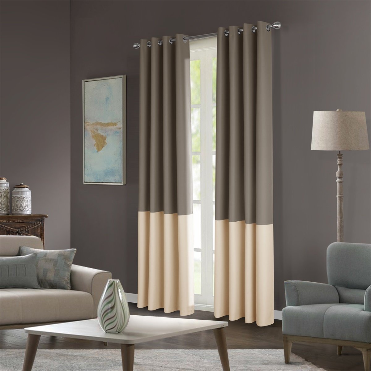Dreaming Casa Light Blocking Color Block Curtains - Blackout Drapes for Windows, Grommet Top, Taupe Beige, 2 Panels (72