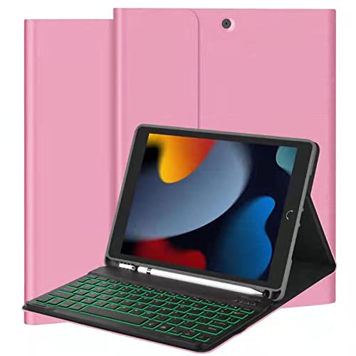 iPad Keyboard Case for 10.2-Inch iPad 9th/8th/7th Gen (2021/2020/2019) - Detachable Bluetooth Keyboard with 7-Color Backlit, Tablet Folio Cover with Pencil Holder (Pink) | Perfect for Work, Study & Travel
