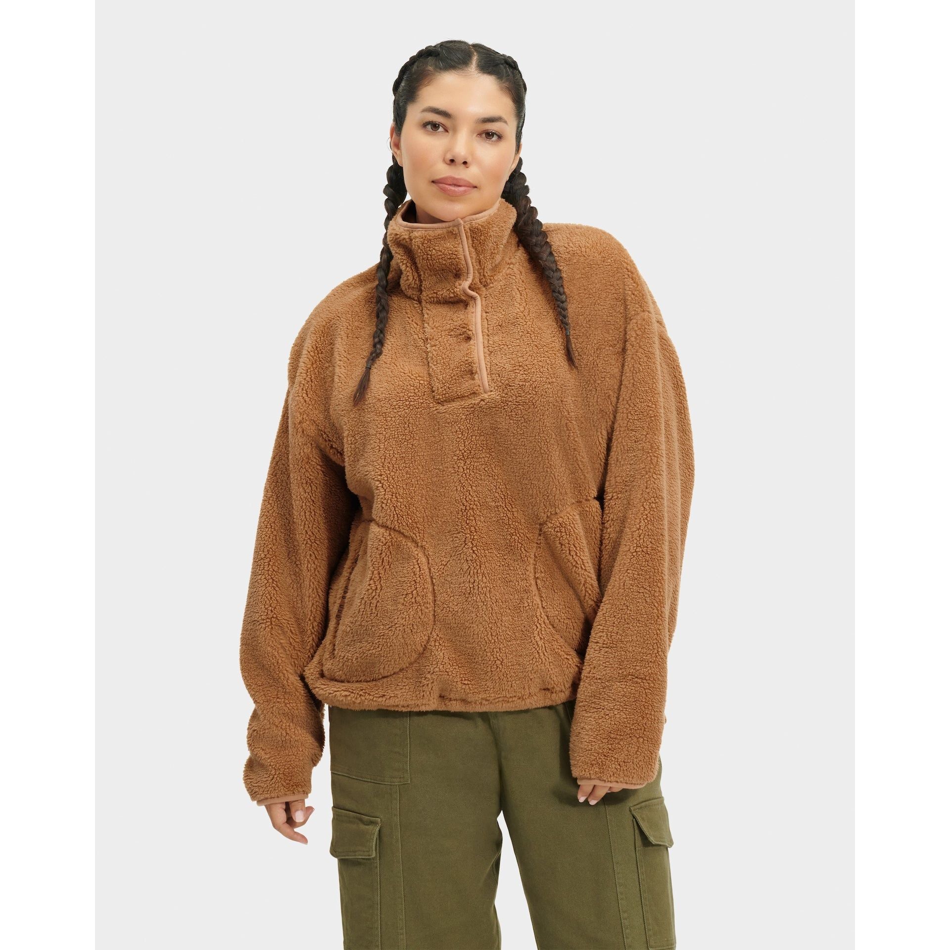 UGG Women's Atwell Sherpa Half Snap Pullover Sweater - Cozy Fleece-Lined Winter Cardigan in Tawny for Casual Outfits & Cold Weather