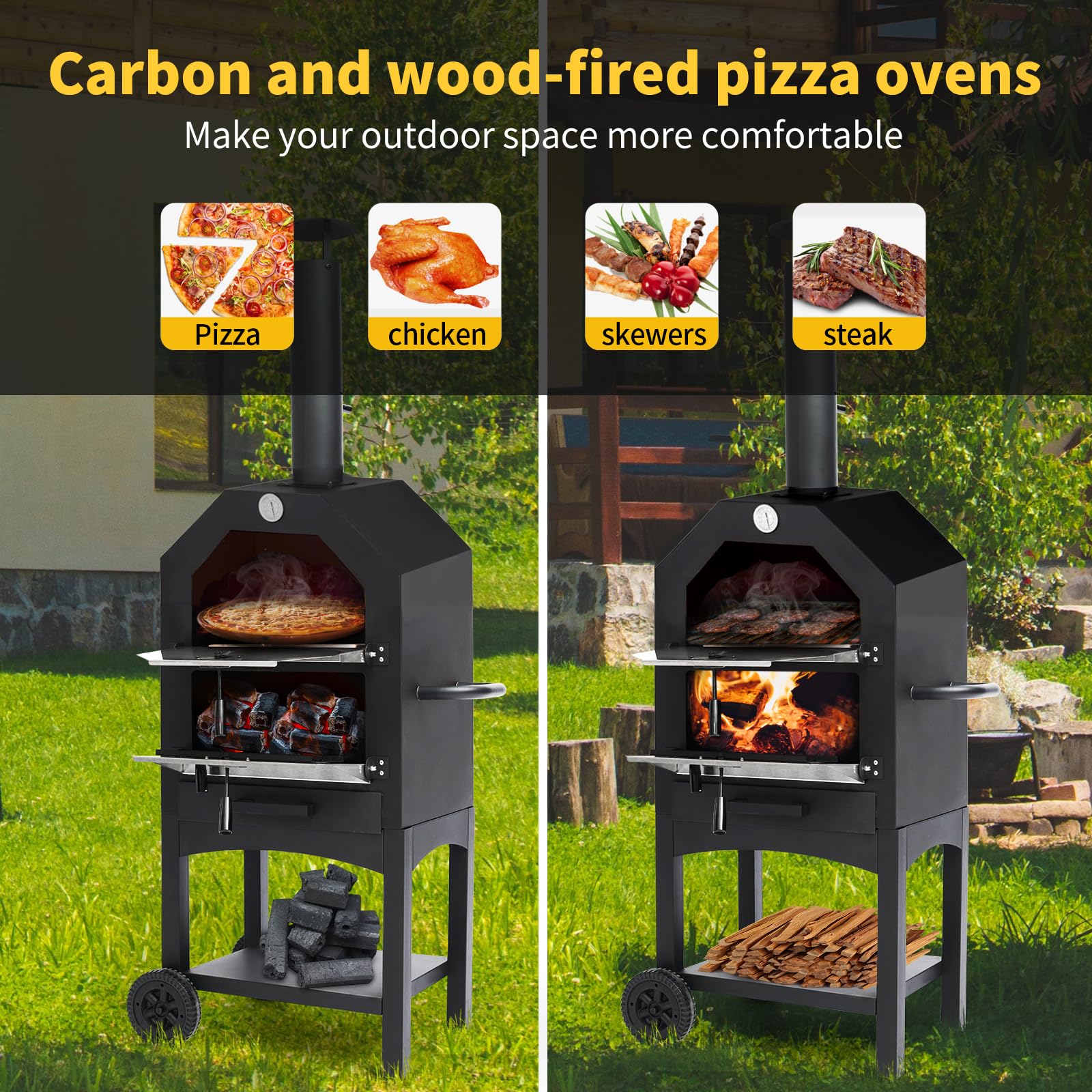 **Portable Wood-Fired Pizza Oven for Outdoor Cooking – Includes Pizza Stone, Peel, Grill Rack & Waterproof Cover – Perfect for Backyard BBQs, Camping Trips & Picnics (Black)**