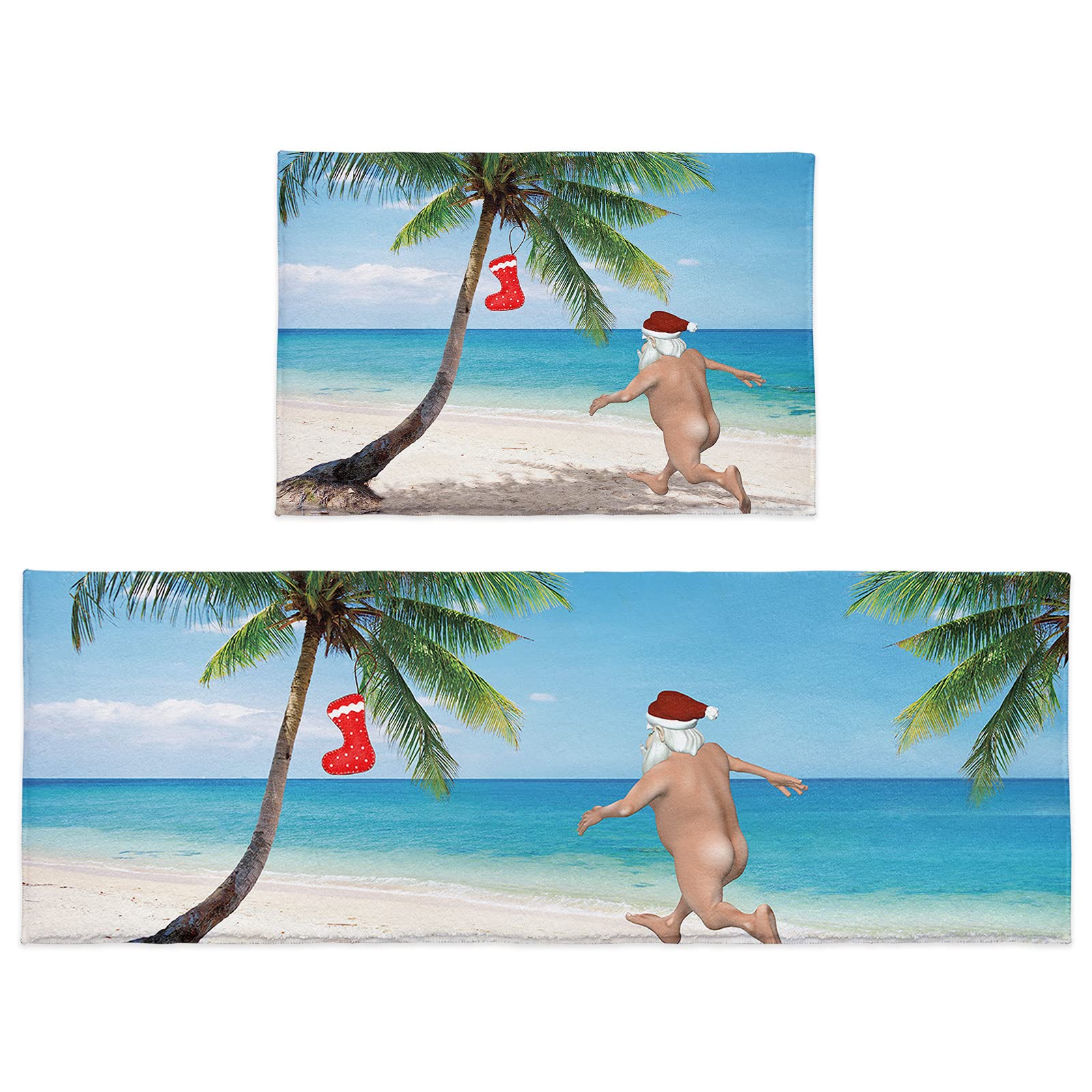 2-Piece Christmas Coastal Beach Kitchen Rugs & Mats Set - Soft Microfiber Shaggy Doormat with Santa Claus, Palm Tree & Red Socks Design - Super Absorbent for Indoor, Bathroom, Entryway & Corridor - Perfect for Holiday Decor & Coastal Home Theme