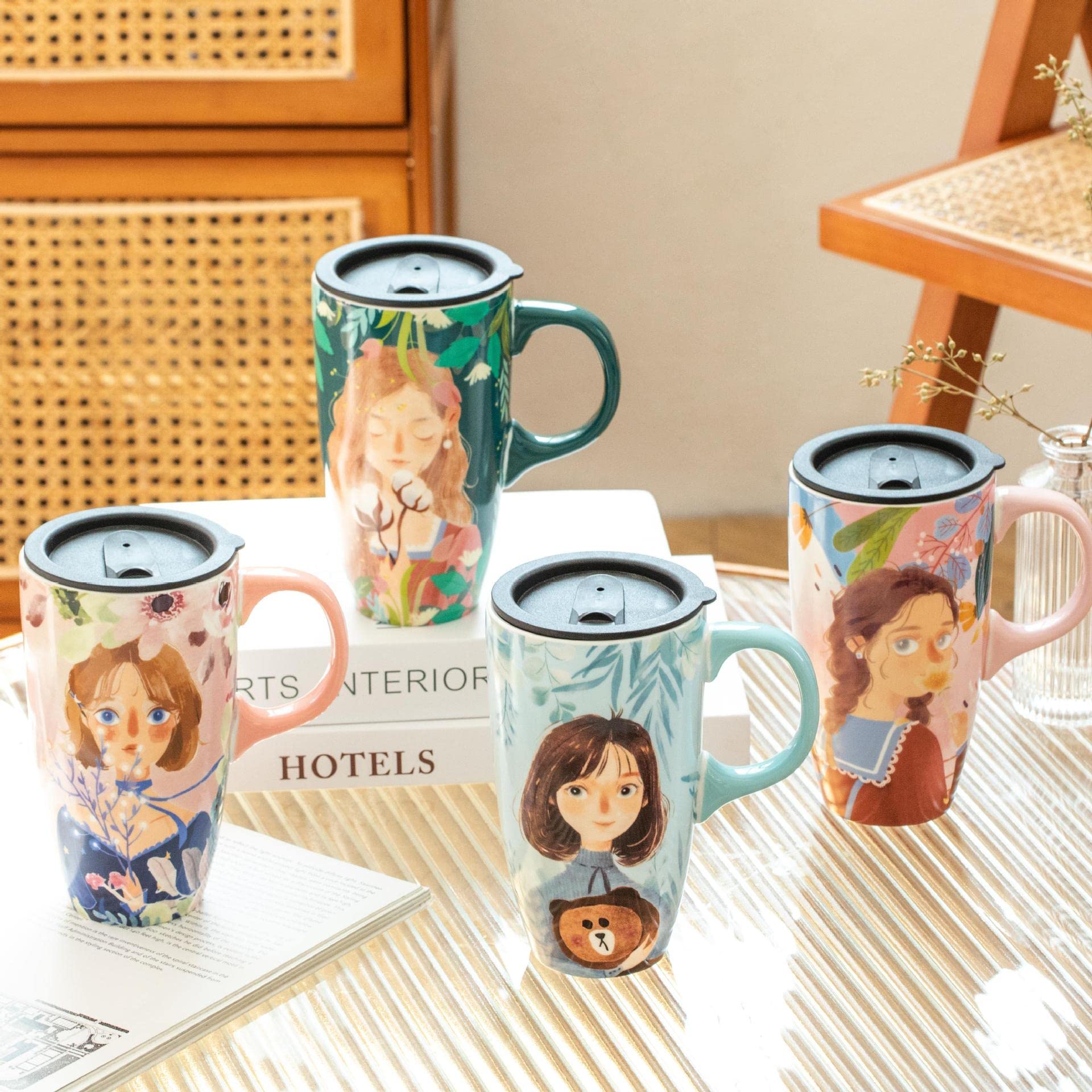 Forest Girl Ceramic Coffee Mug with Lid - Cute Cartoon Painting Design for Tea, Milk & Hot Drinks - Perfect Birthday Gift for Home & Office Use (Green)