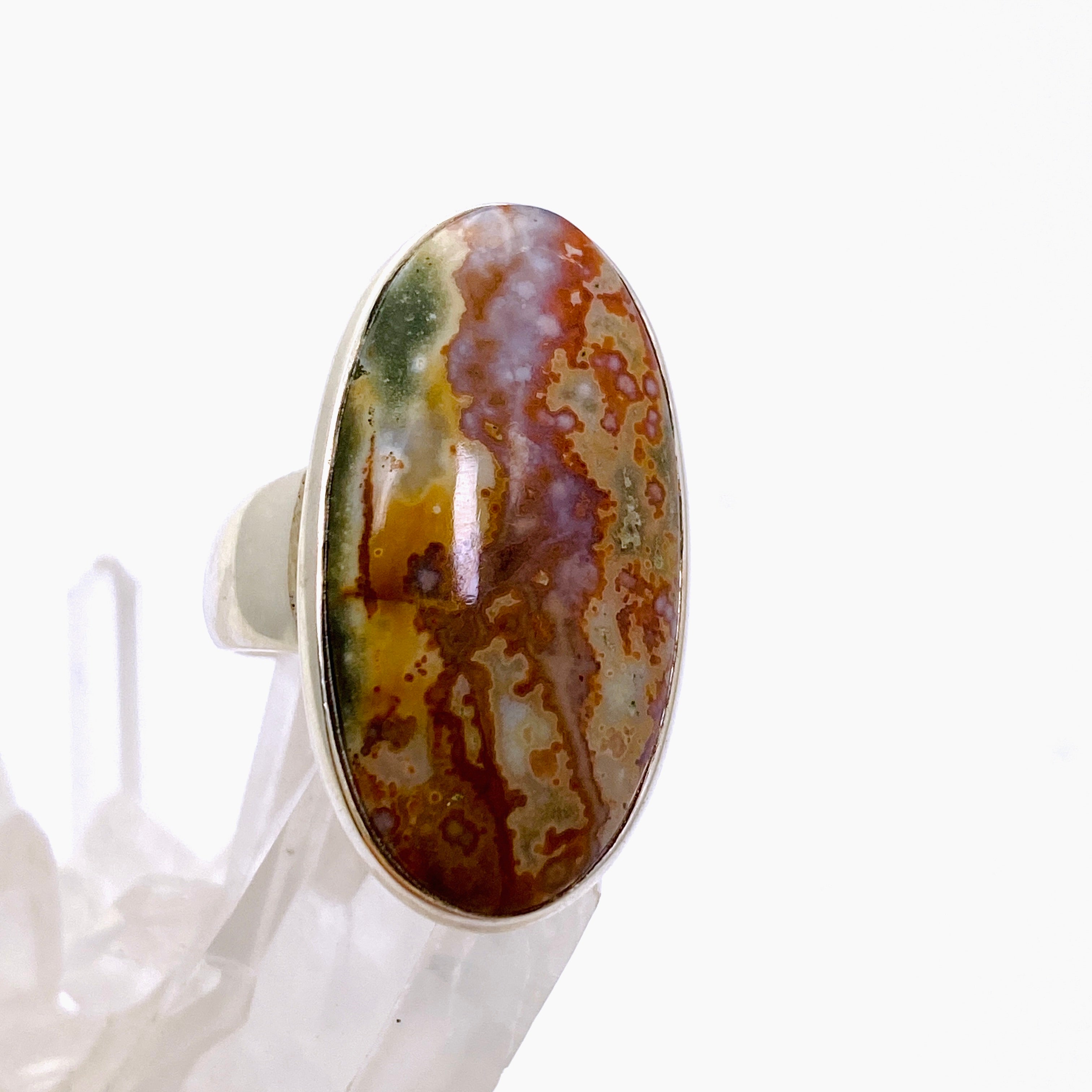 Ocean Jasper Oval Cabochon Ring - Size 9 - Natural Stone Jewelry - Handmade Silver Ring - Unique Gemstone Ring for Women - Perfect for Boho Style, Meditation & Spiritual Healing