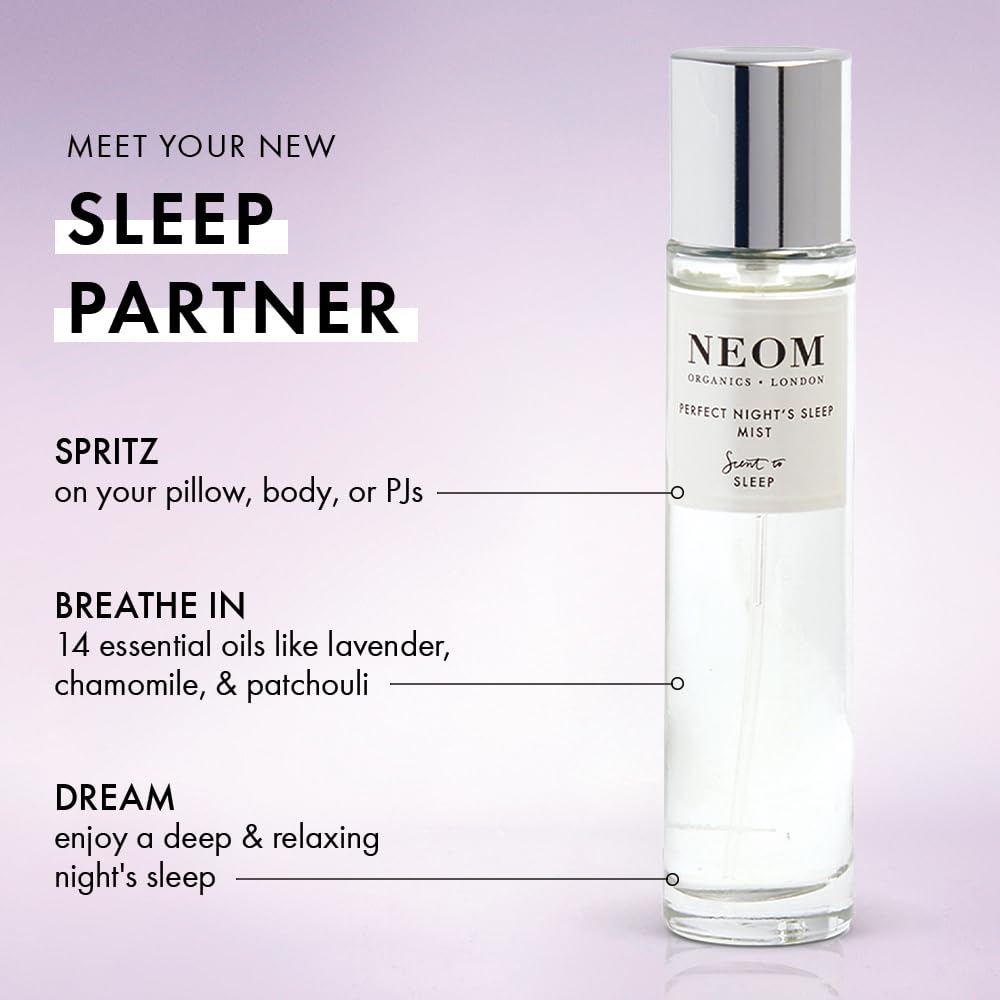 NEOM Lavender & Chamomile Pillow and Body Mist - 1 Fl Oz Essential Oil Spray for Relaxation & Better Sleep | Aromatherapy for Bedtime, Stress Relief & Home Spa | Perfect for Nighttime Routine, Travel & Self-Care