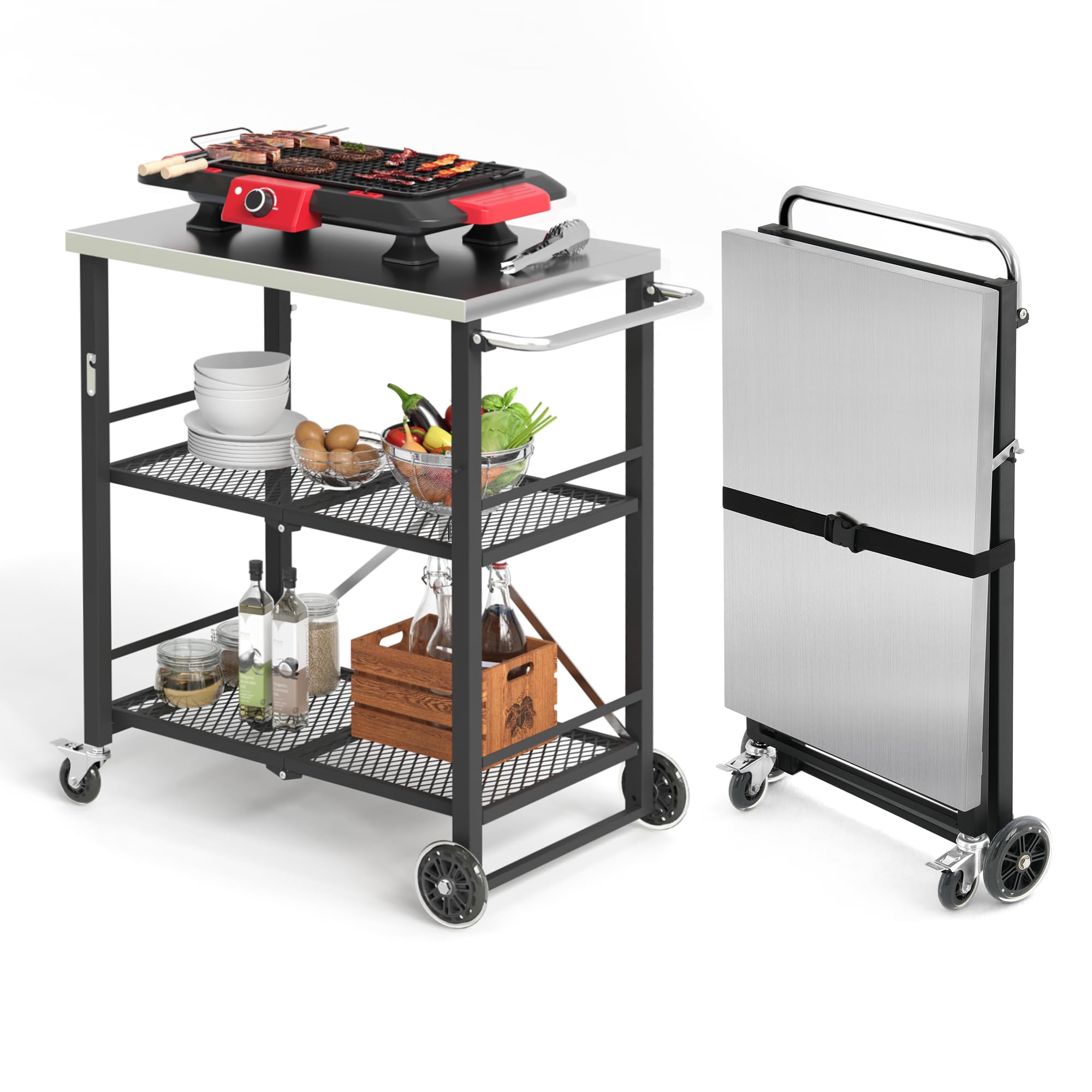 Foldable Outdoor Grill Cart with 2 Locking Casters - Stainless Steel BBQ Table & Pizza Oven Stand - 3-Shelf Folding Kitchen Island - Black | Perfect for Backyard Cooking, Camping & Outdoor Entertaining