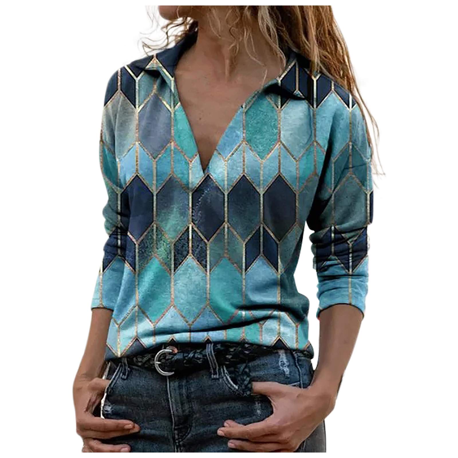 Women's Casual Lapel Geometric Print Long Sleeve T-Shirt & Blouse Pullover Top - Stylish Office Wear & Everyday Outfit