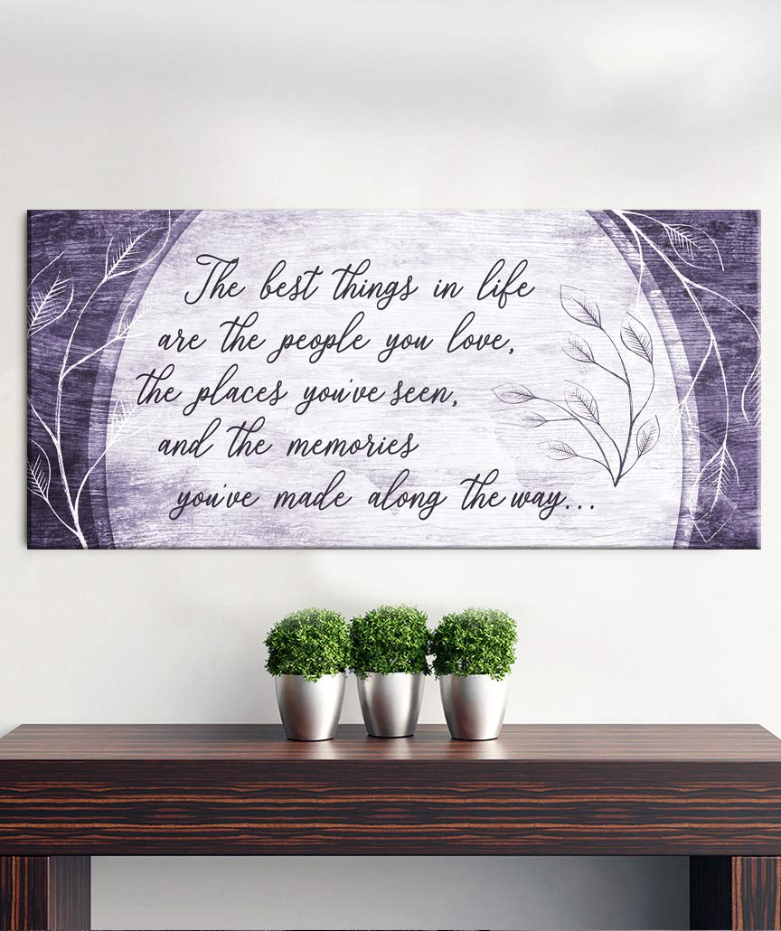Best Things in Life Are The People You Love Quote Wall Art - Purple Wood Framed Canvas Print (60x27 inches) - Ready to Hang Home Decor for Living Room, Bedroom & Office - Inspirational Family Sign Gift