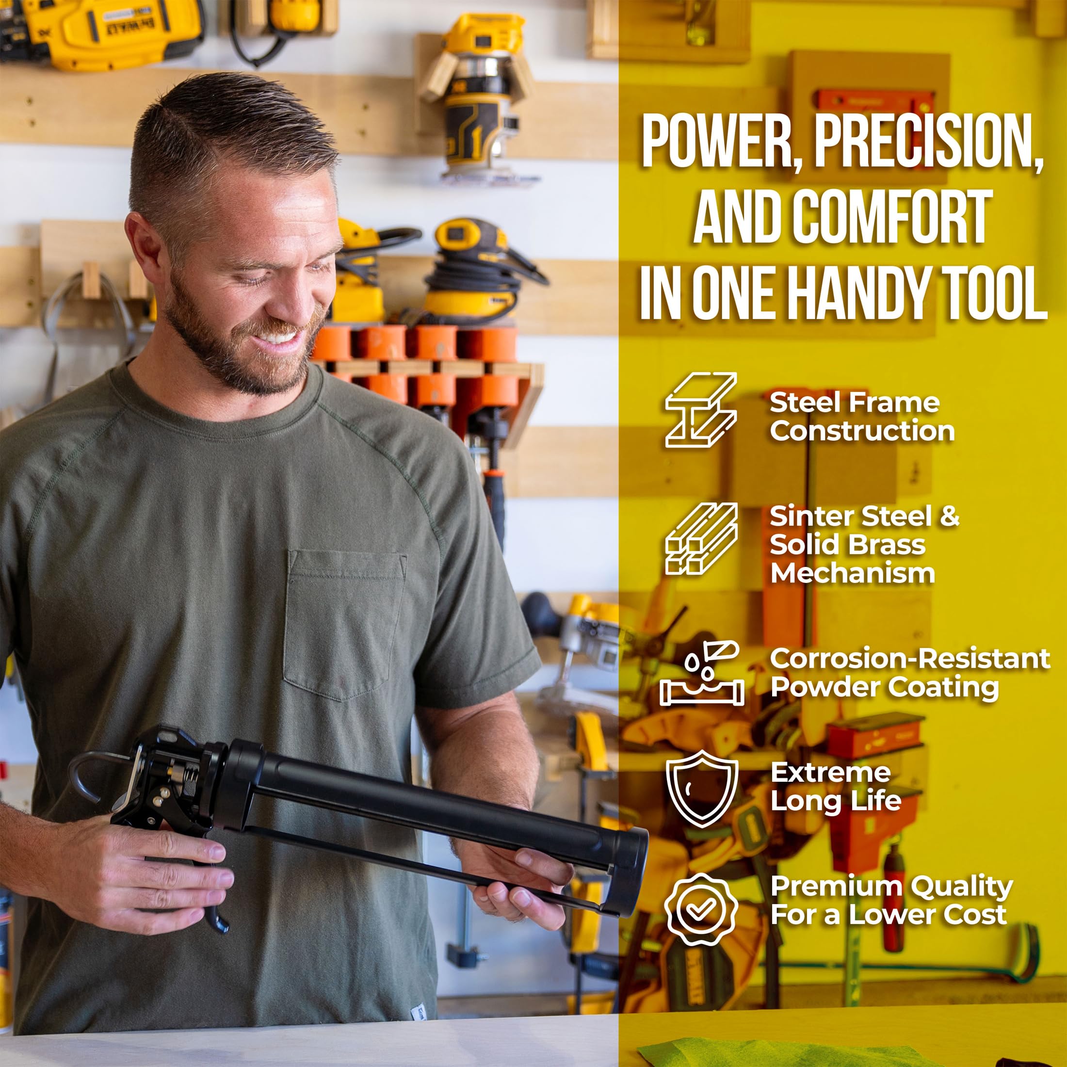 AWF PRO Heavy Duty Caulk Gun - 18:1 Thrust Ratio, Steel Frame Construction with Rotating Barrel, Ladder Hook & Dripless Pressure Release - Professional Sealant Applicator for Construction, Home Repair & DIY Projects (29 oz Caulking Gun, Pack of 1)