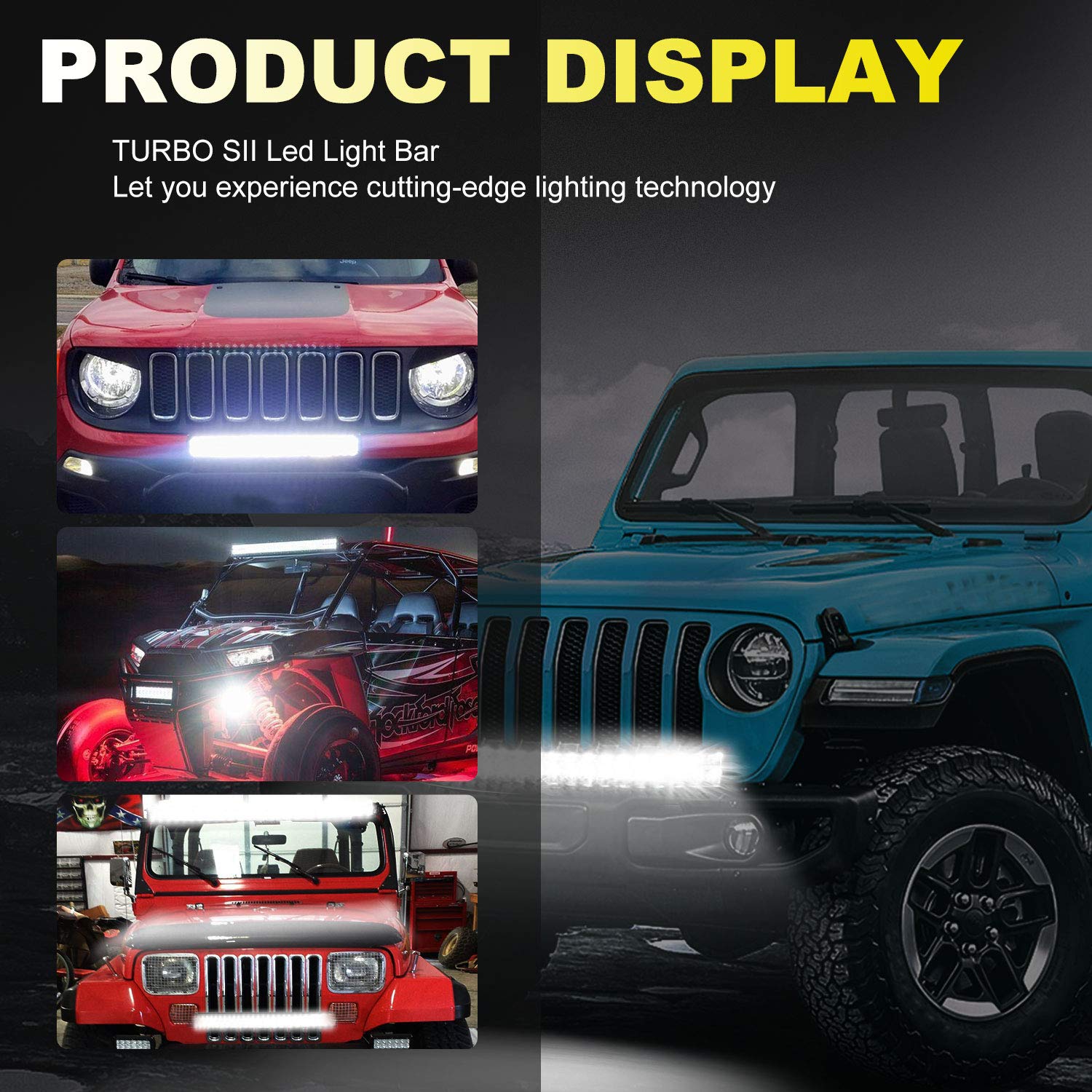 TURBO SII - 50 Inch 288W Curved 5D LED Light Bar Kit + 20 Inch 126W Spot Flood Combo Offroad Lights - 4PCS 4 Inch LED Pod Lights with 3-Lead Wiring Harness for Jeep, Truck, ATV, UTV, SUV - Perfect for Off-Roading, Night Driving & Adventure