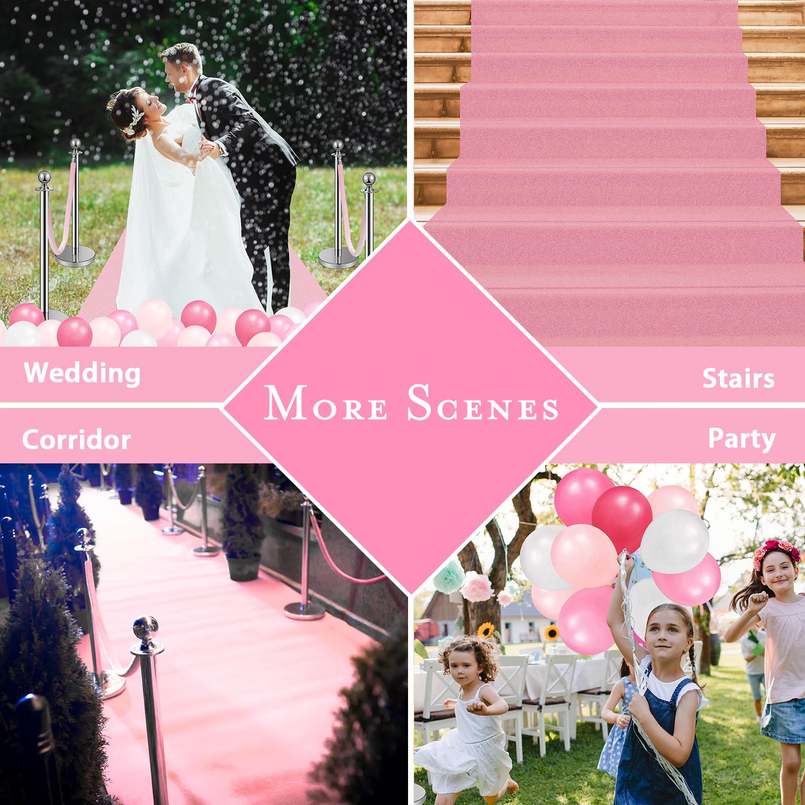 76-Piece Pink Party Carpet Runner Set with Floor Runner, Double-Sided Tape, Stanchion Posts, Velvet Ropes & Balloons - Wedding, Birthday, Red Carpet Event Decorations