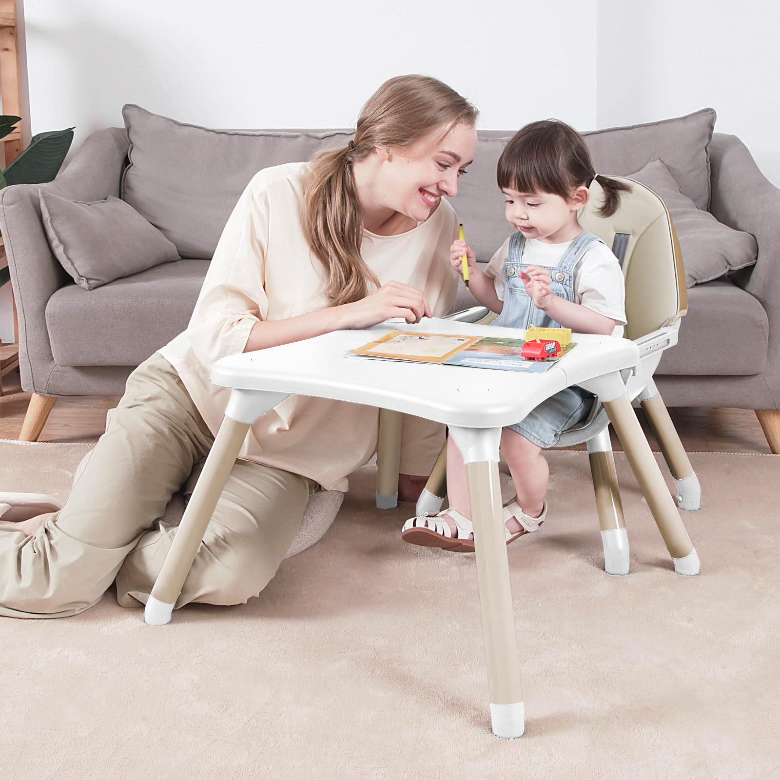 Gofirst 6-in-1 Convertible Baby High Chair with 5-Point Harness - Adjustable Toddler Booster Seat, Feeding Chair & Table Set - 4-Position Removable Tray & PU Cushion - Perfect for Dining, Weaning & Playtime at Home