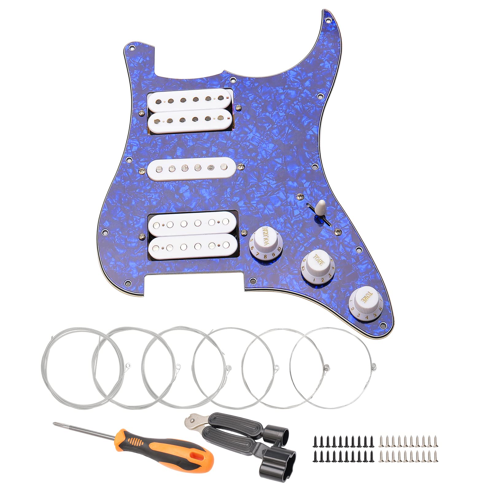 11 Hole Prewired HSH Pickguard with White Pickups for Stratocaster - 4 Ply Blue Pearl, Includes 6 Guitar Strings & Installation Tool - Perfect for DIY Guitar Upgrades & Custom Builds