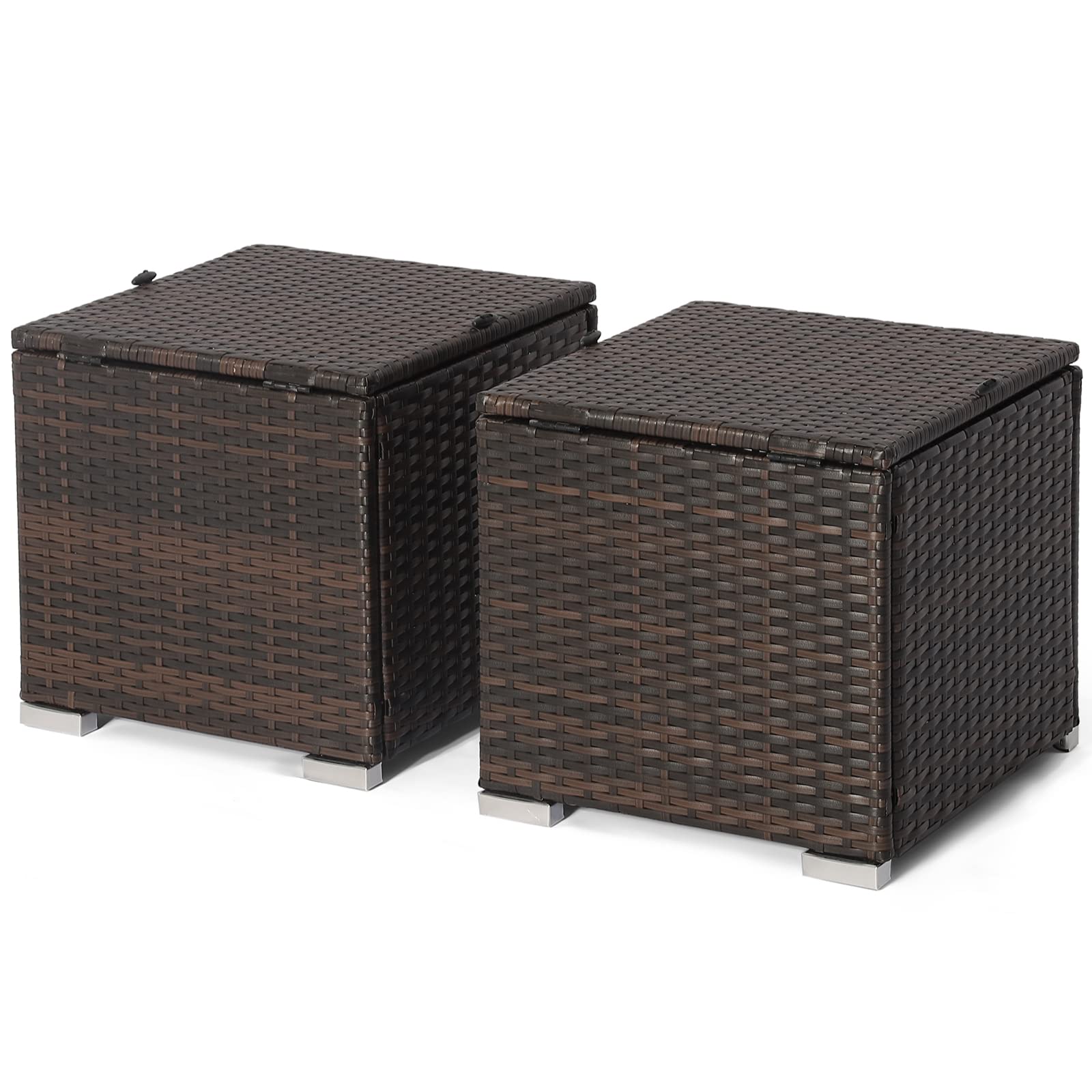 RELAX4LIFE 2-Piece Wicker Outdoor Storage Ottoman Set with Removable Cushion - Rattan Footstool, Multipurpose Footrest, Side Table & Extra Seating - Perfect for Patio, Deck, Garden & Poolside (Off White)