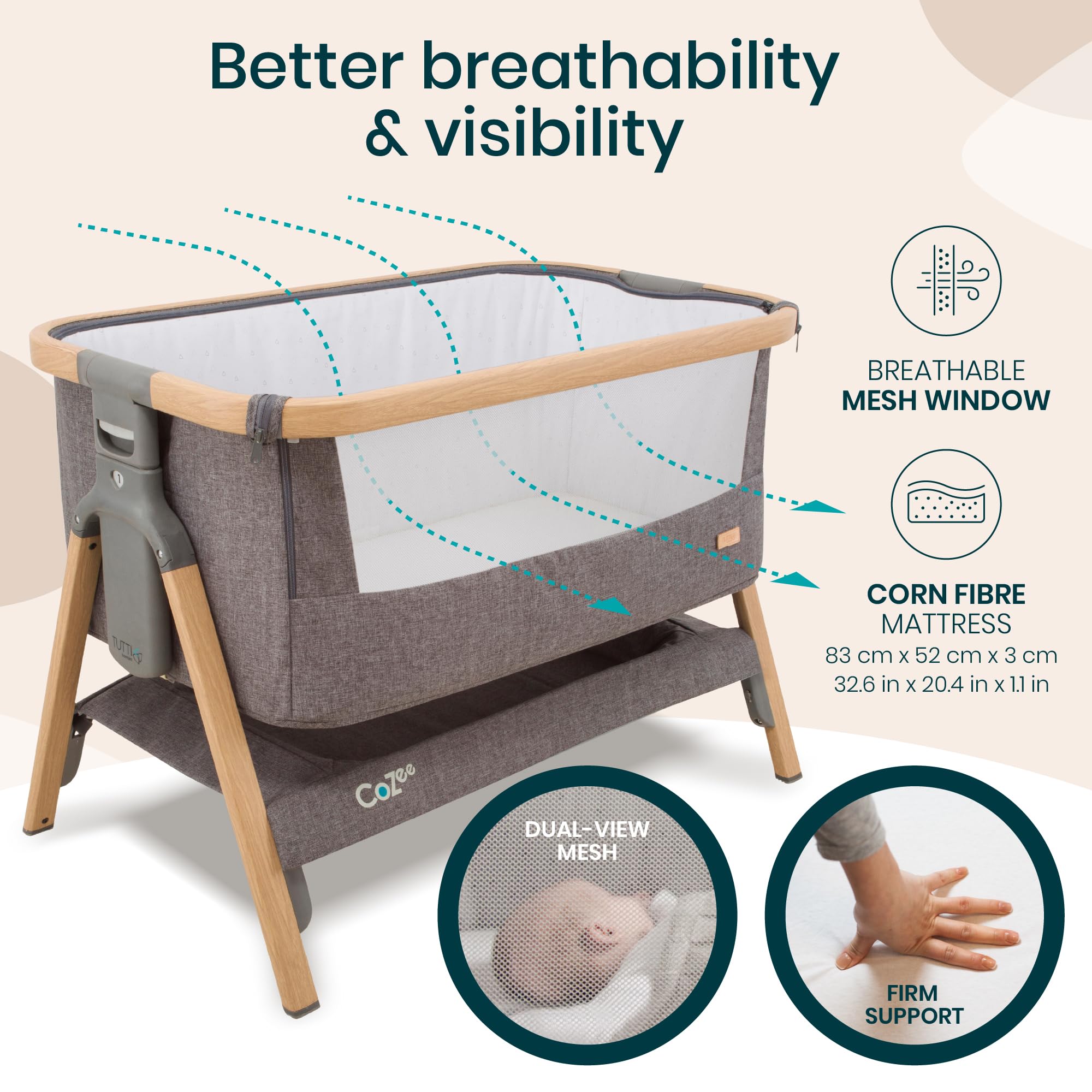 Tutti Bambini CoZee® Next to Me Crib & Standalone Baby Cot - Adjustable 6-Level Folding Co-Sleeper Bedside Crib with Mattress (0-6 Months) - Oak & Charcoal | Perfect for Nursery, Bedroom Co-Sleeping & Travel