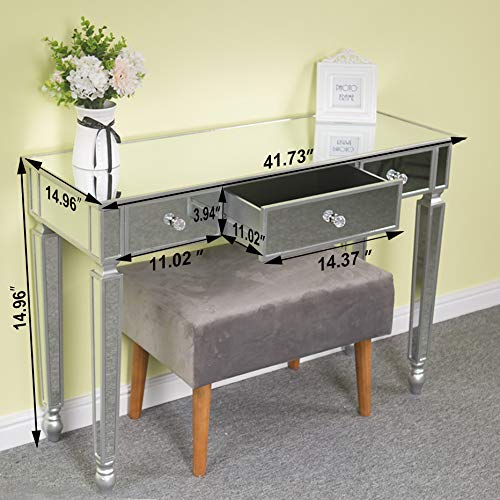 Modern Silver SSLine Mirrored Console Table - Makeup Vanity Dressing Table with 3 Drawers, Sofa Side Table & Media Desk for Bedroom, Entryway, Home Office & Hallway Decor