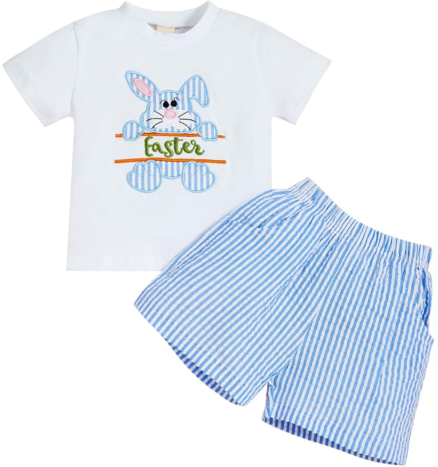 Sinhoon Baby Girl & Boy Easter Outfits - Bunny Pattern Romper with Blue Stripes Suspenders - Adorable Toddler Easter Clothes Set for Spring Photoshoots & Holiday Celebrations