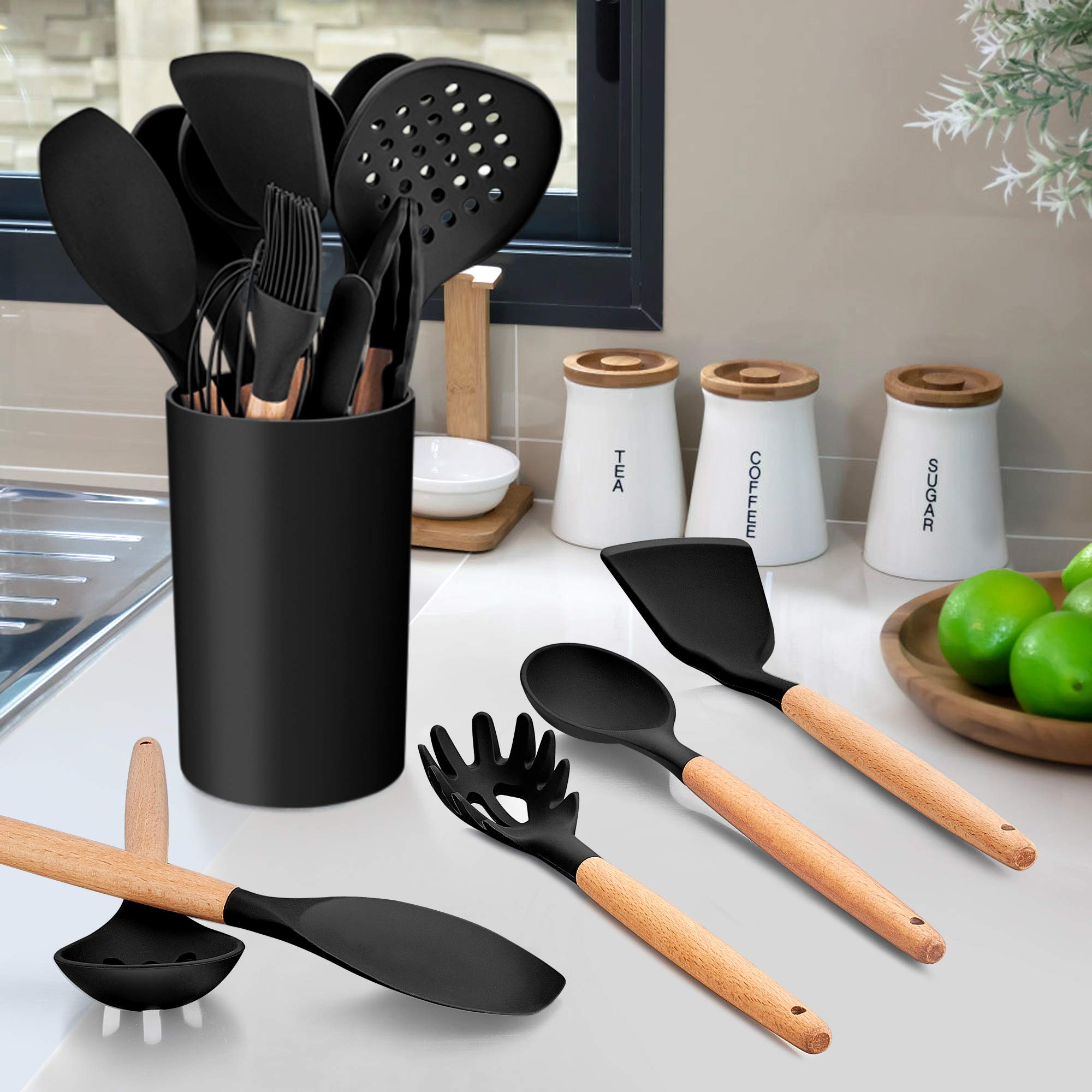 LIANYU 38-Piece Premium Kitchen Utensil Set with Holder - Heat Resistant Silicone Spatulas, Wooden Handle Cooking Tools for Nonstick Cookware - Perfect for Baking, Frying & Everyday Cooking (Black)
