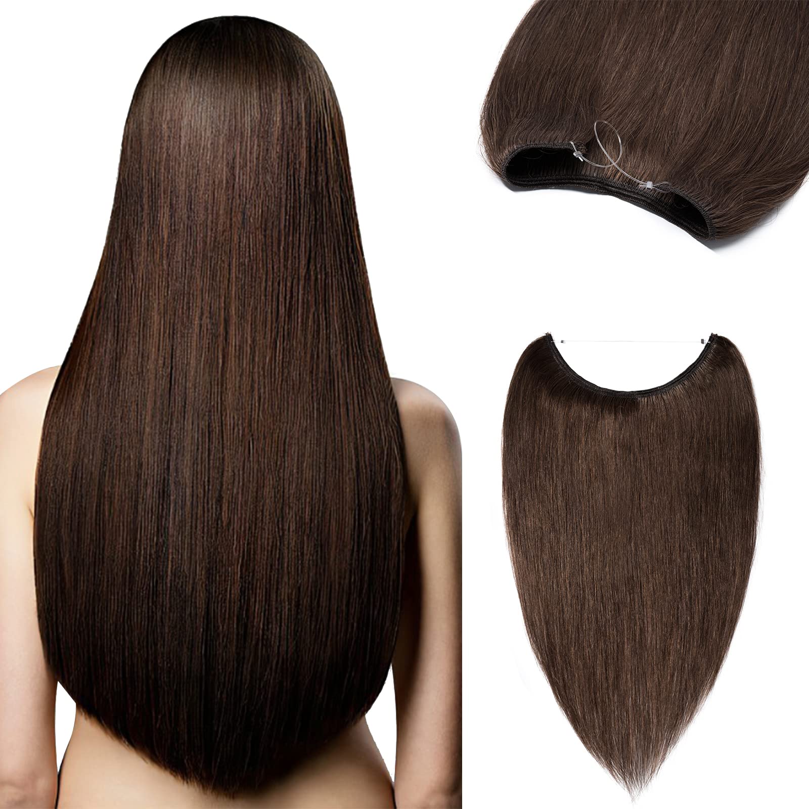 Benehair 20 Inch Thick Wire Hair Extensions - 110g Invisible Wire with Fish Line, Medium Brown Straight Remy Human Hair (#4) | Perfect for Daily Styling, Parties, Weddings & Special Occasions