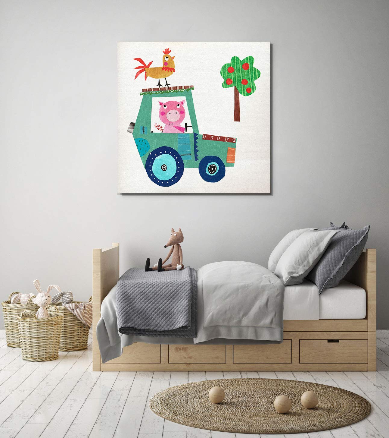 Cute Farm Pig Wall Art - 16x16 Inch Nursery Decor, Kids Room & Playroom Animal Painting - Perfect for Farmhouse, Rustic & Children's Bedroom Decorations
