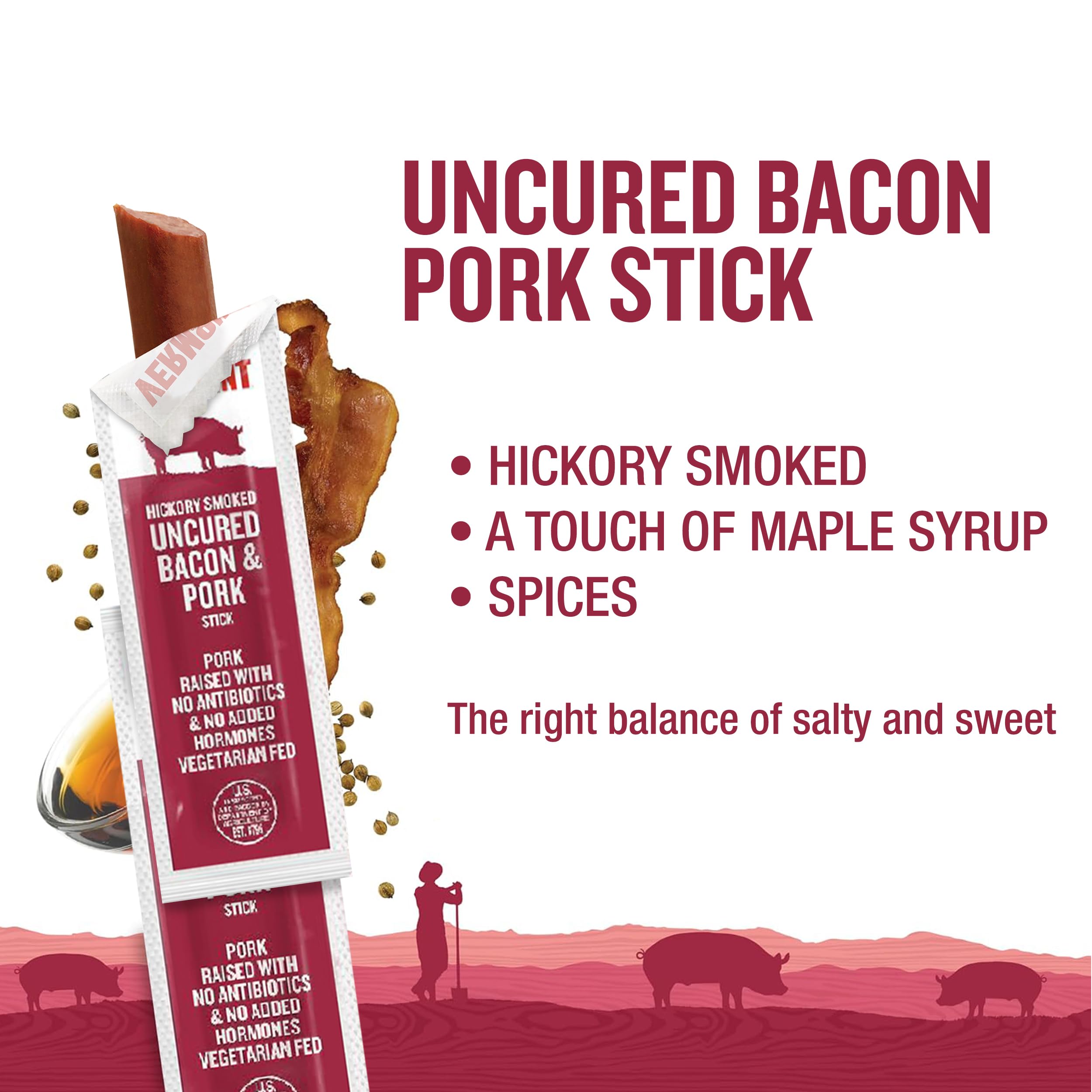 Vermont Smoke & Cure Hickory-Smoked Uncured Pork Bacon Sticks - High Protein Snack, No Antibiotics or Hormones, 0.5 oz (48 Count) - Perfect for Hiking, Camping & On-the-Go Snacking