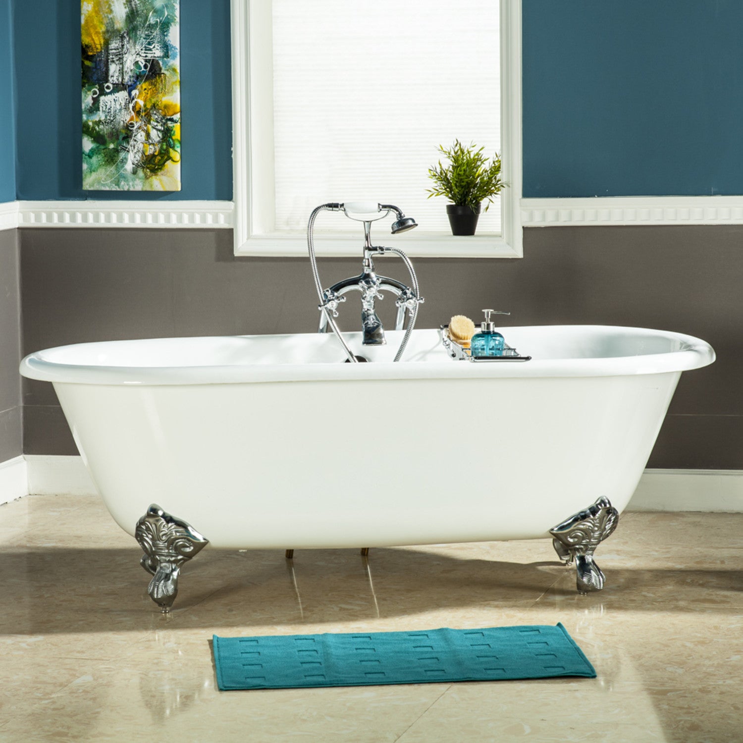 Aqua Eden 66 Inch White Cast Iron Clawfoot Bathtub - Oval Double Ended Freestanding Tub with Polished Chrome Feet - Perfect for Vintage & Modern Bathrooms, Spa Relaxation