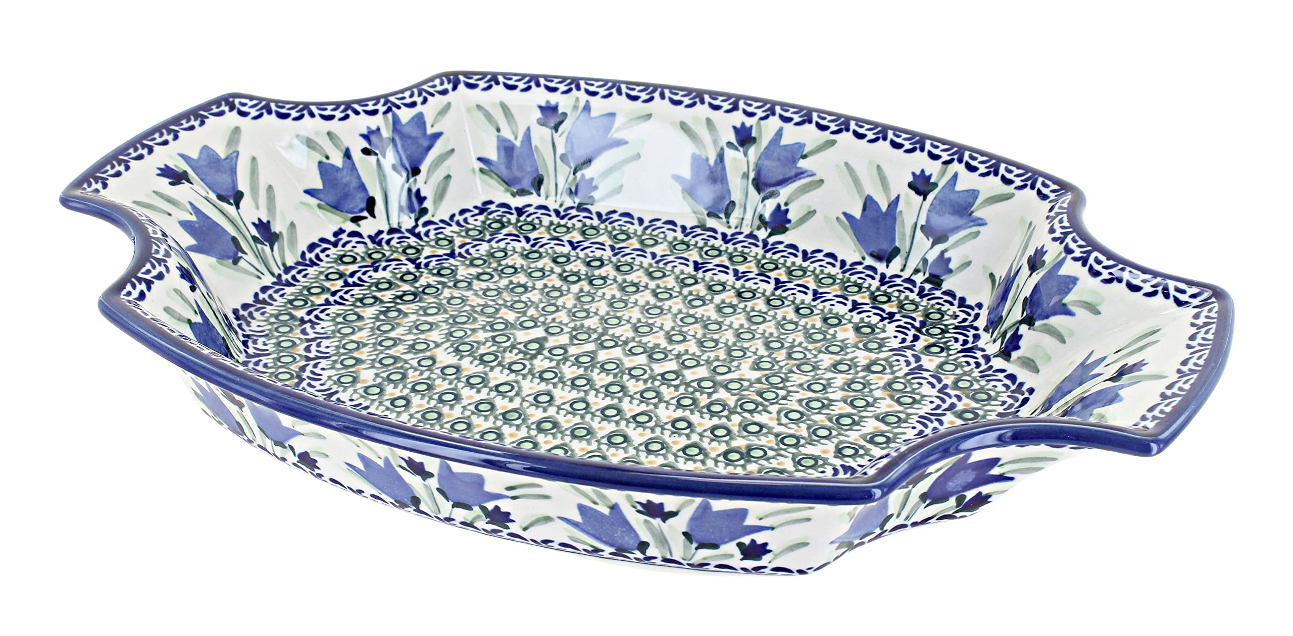 Handmade Blue Rose Polish Pottery Serving Tray - Large Blue Tulip Design - Perfect for Entertaining, Dining & Home Decor
