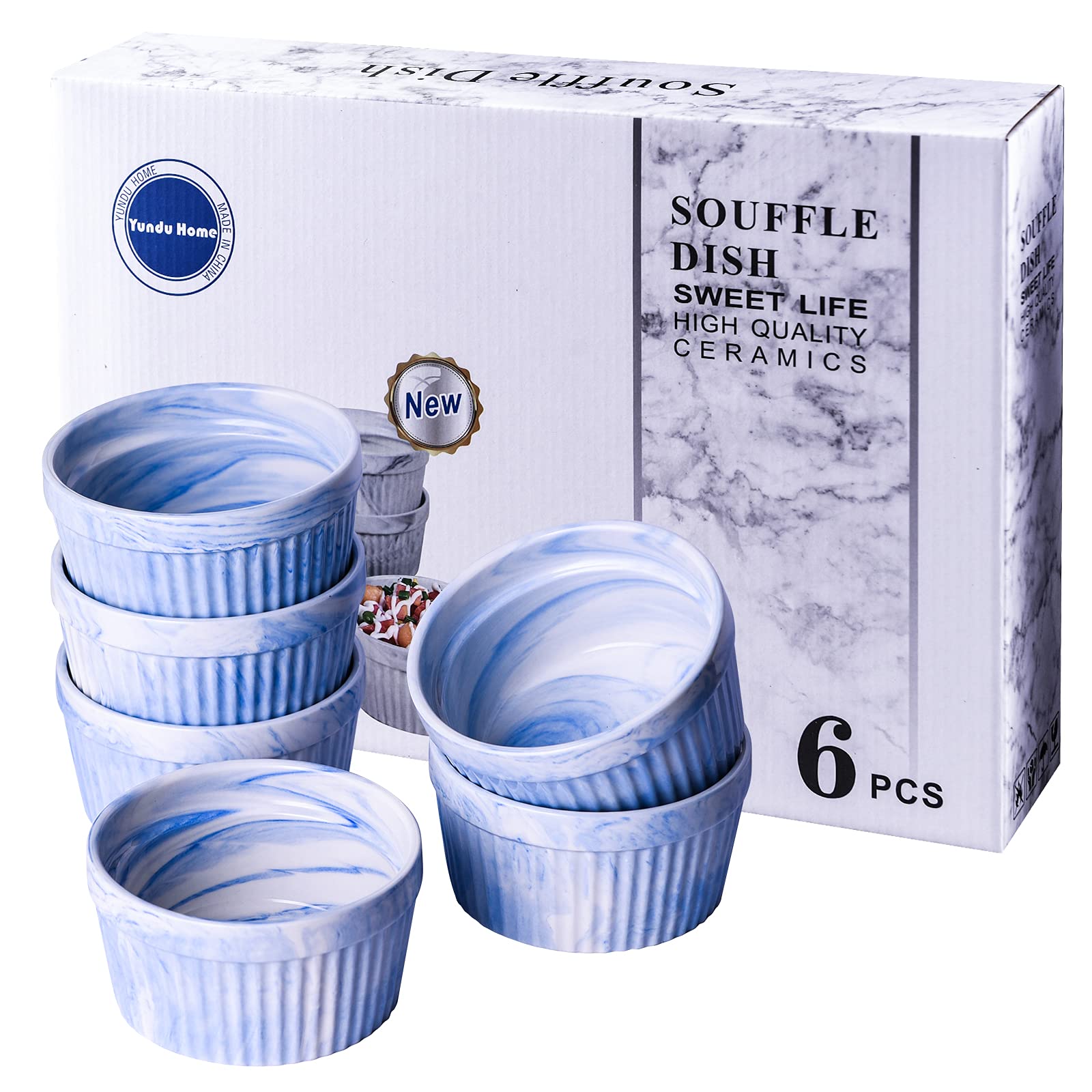 Yundu 8oz Blue Marble Ceramic Ramekins - Oven Safe Baking Bowls for Creme Brulee, Souffle, Desserts (Set of 6) | Perfect for Home Baking, Restaurant Use & Gift Giving