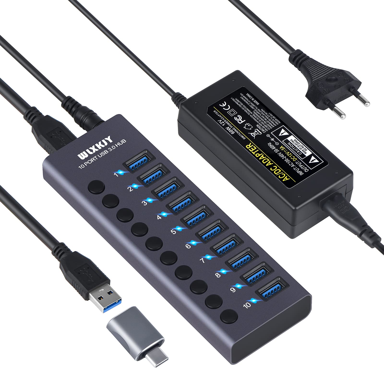 10-Port USB 3.0 Hub with Power Adapter - Fast Data Transfer for PC & Laptop