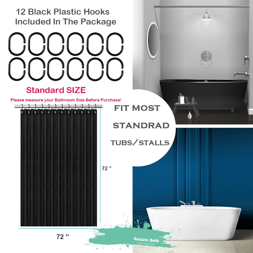 Black Waffle Weave Shower Curtain with Hooks - 72x72 Inch Hotel Quality Bathroom Set - Leaf Pattern Fabric Shower Liner - Perfect for Home, Spa & Luxury Hotel Decor