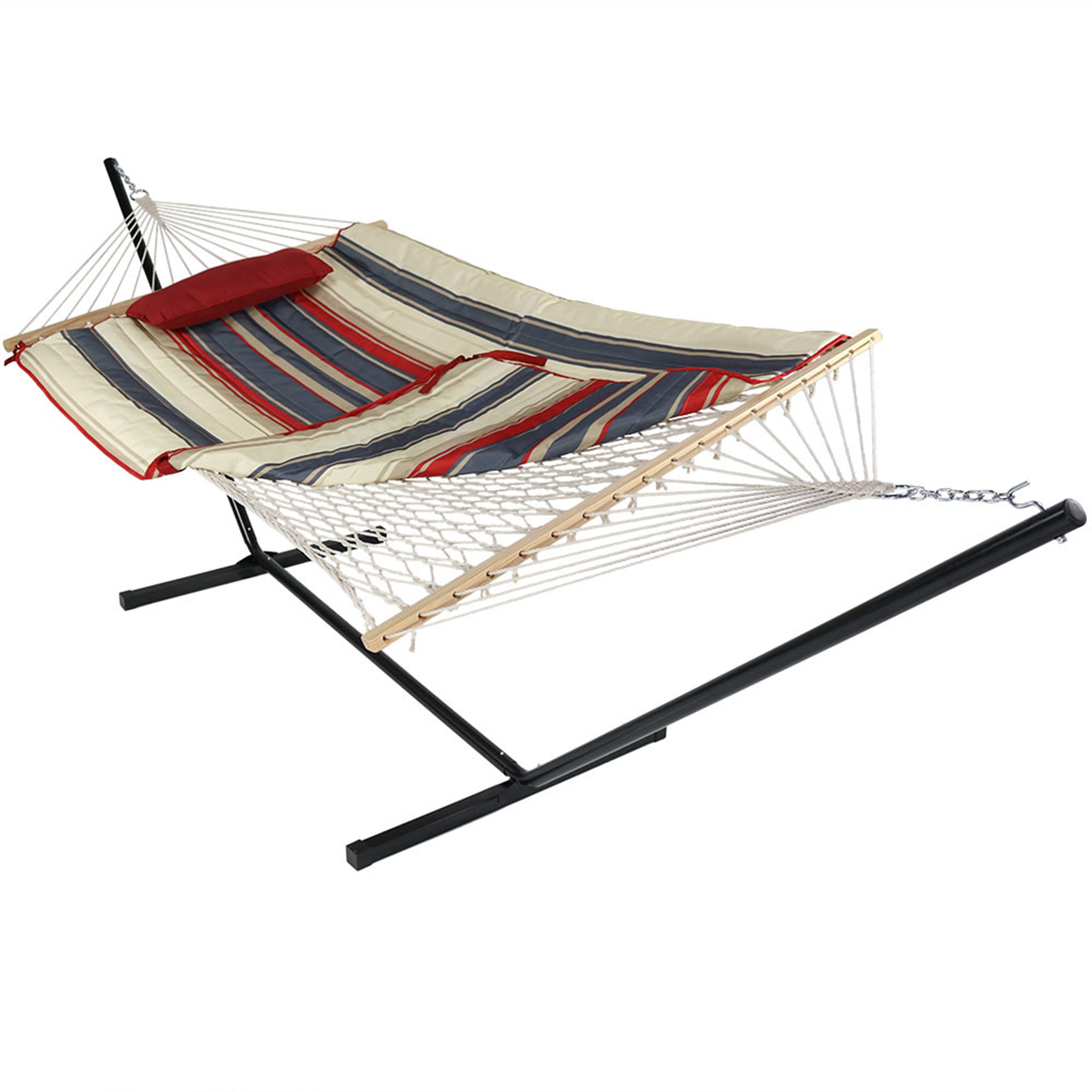 Premium Sunnydaze Rope Hammock with 12-Foot Steel Stand, Comfortable Pad & Pillow - Perfect for Backyard Relaxation, Beach Lounging & Outdoor Camping