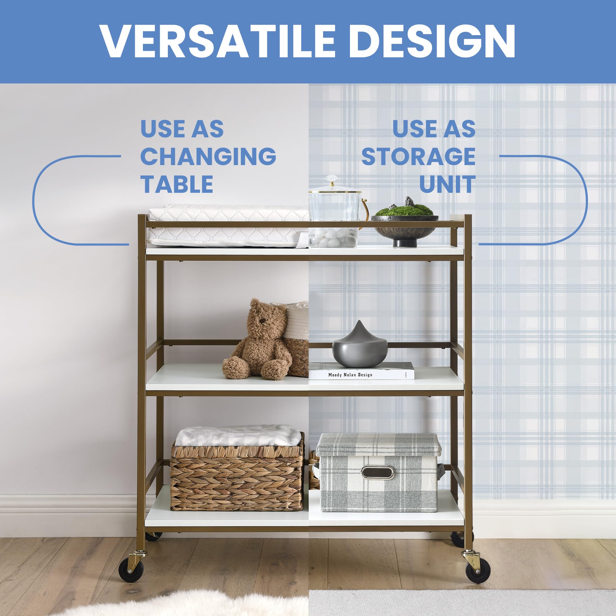 Delta Children Jade Changing Table & Cart - White Melamine with Bronze Accents | Nursery Organization & Baby Care Essentials for New Parents