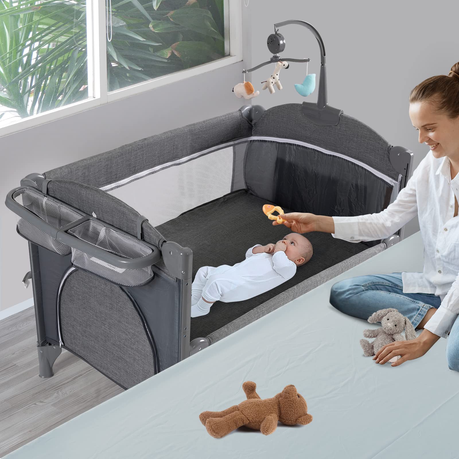 5-in-1 Convertible Baby Crib & Bassinet - Portable Foldable Bedside Sleeper with Mattress for Newborns, Infants, Boys & Girls (Grey) | Ideal for Nursery, Travel & Co-Sleeping