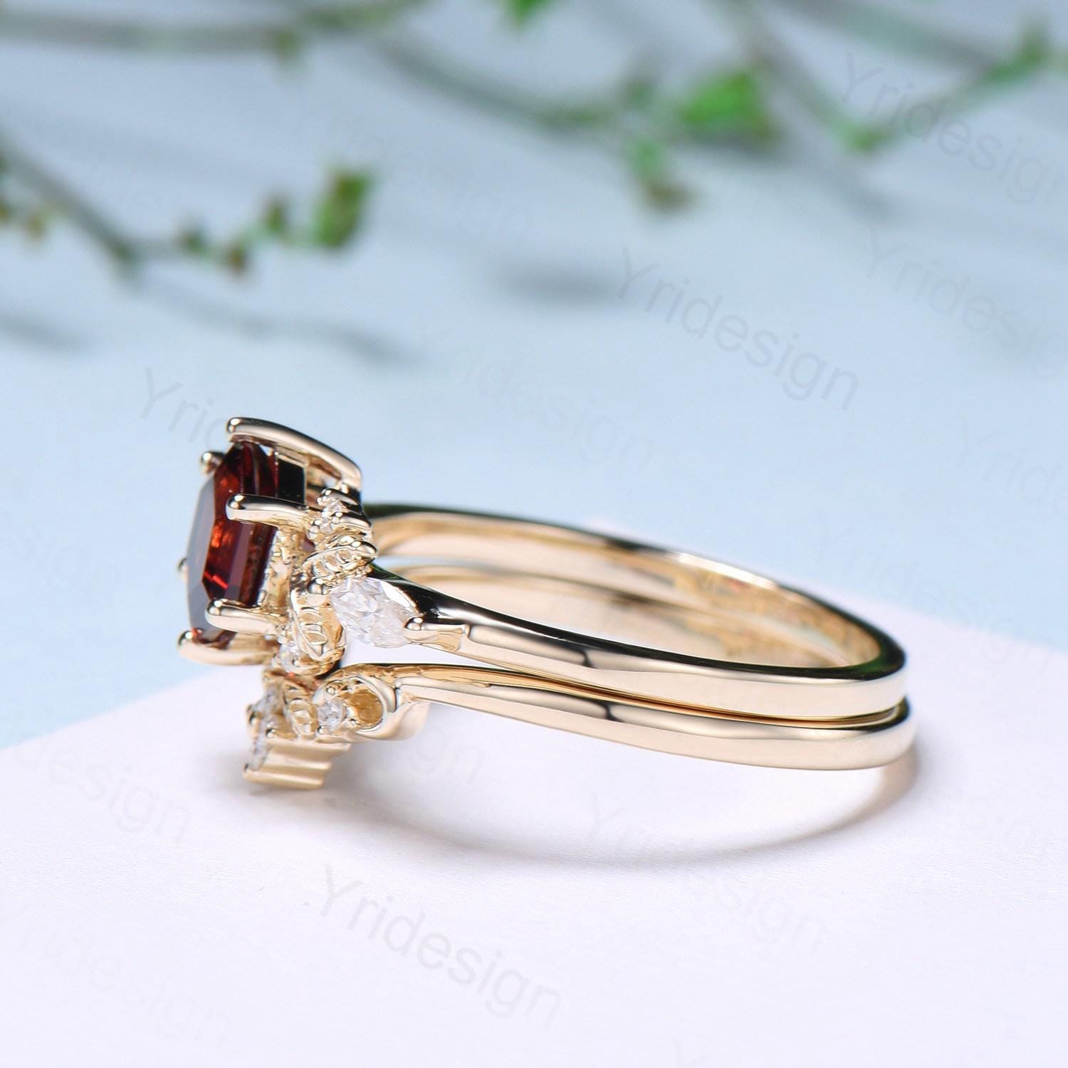 14K Yellow Gold Hexagon Garnet Engagement Ring Set - Nature Inspired Leaf Vine Wedding Band - January Birthstone Jewelry for Women - Perfect for Proposals, Anniversaries & Special Occasions